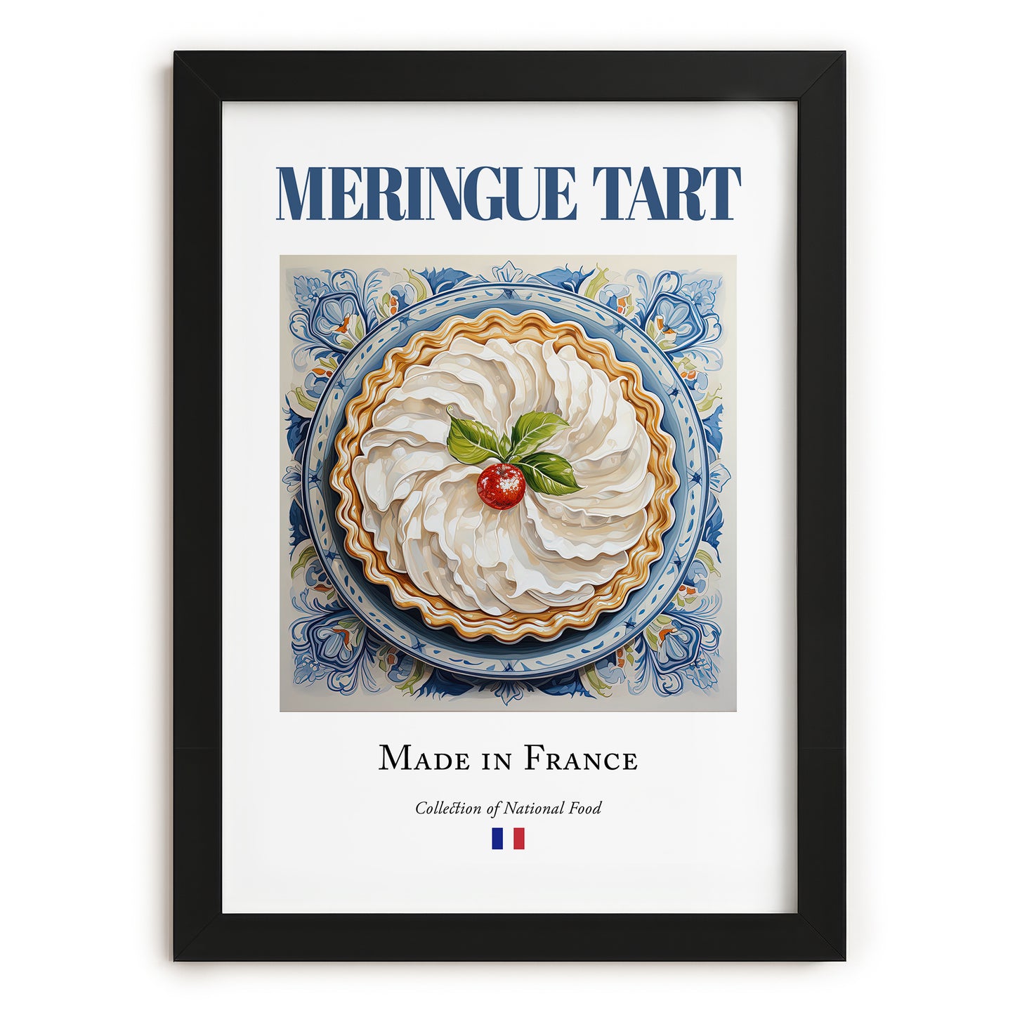 Meringue tart – French Dessert Dish, Café Illustration, in sleek black frame