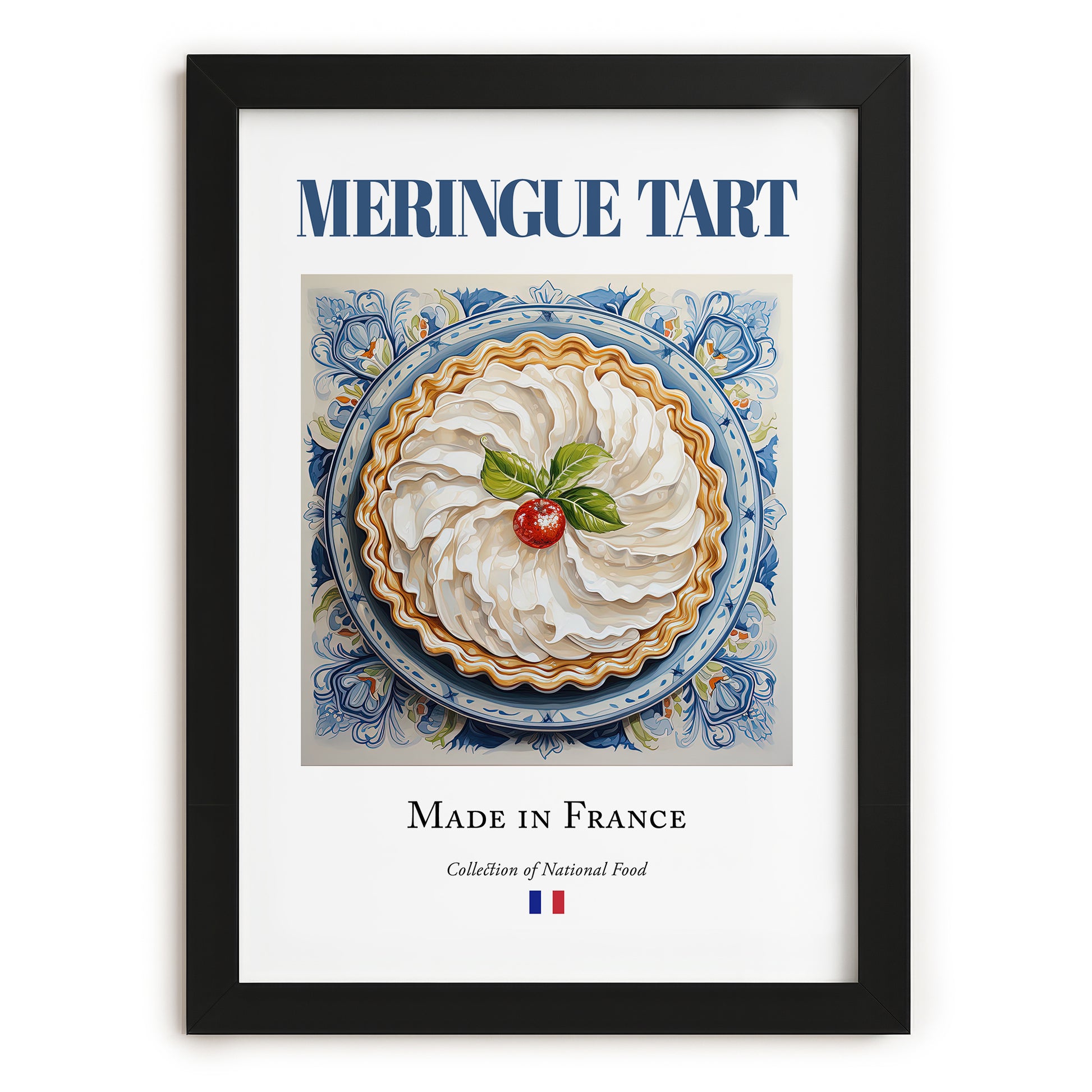 Meringue tart – French Dessert Dish, Café Illustration, in sleek black frame