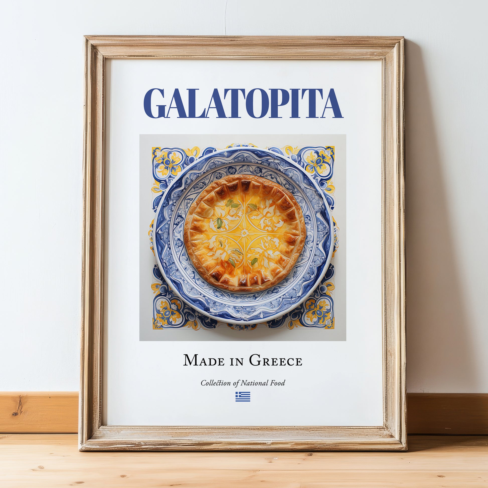 Galatopita – Greek Dish, Food Bar Poster, in wooden frame leaning on the floor