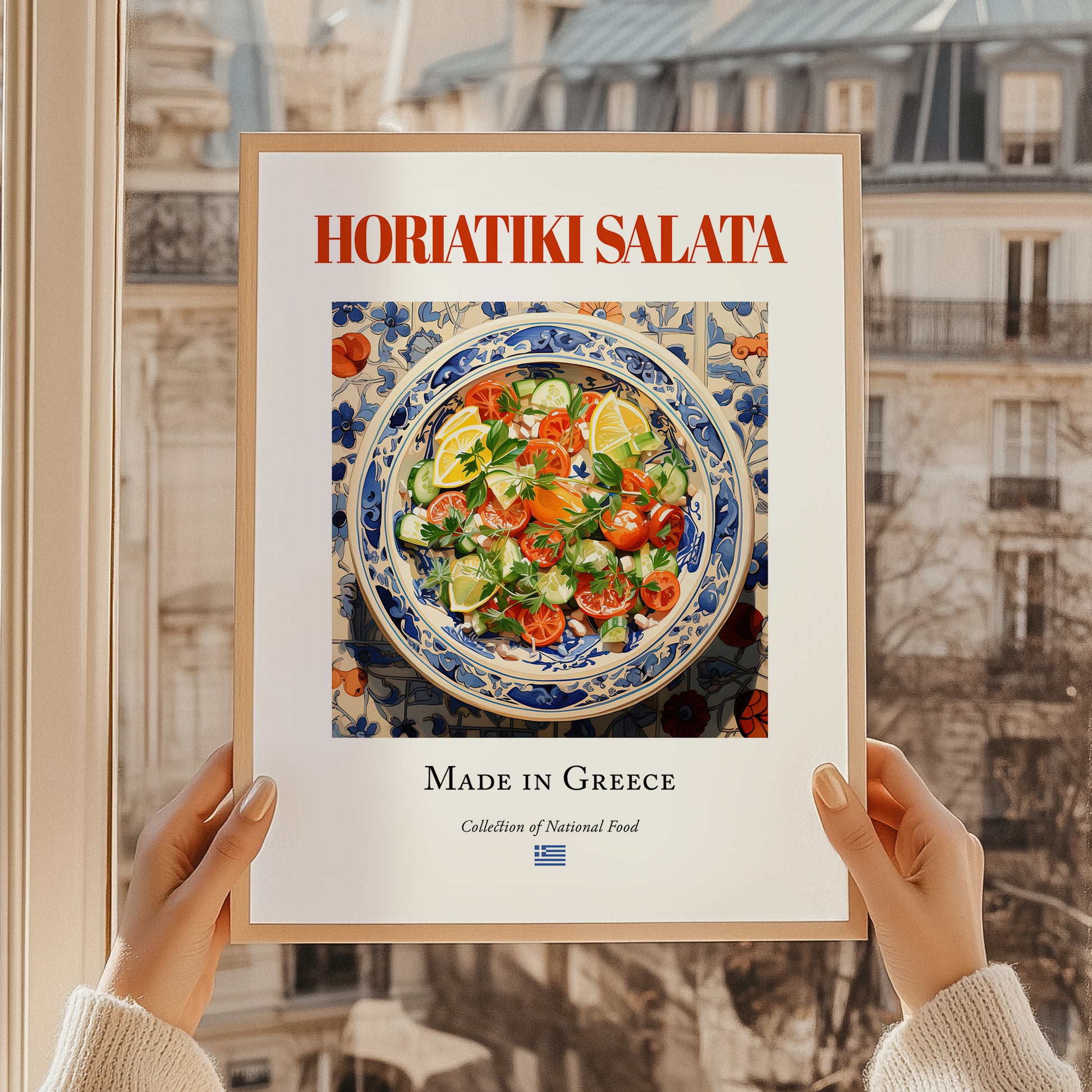 Horiatiki salata – Greek Salad Dish, Brasserie Print, styled in a charming Paris street view