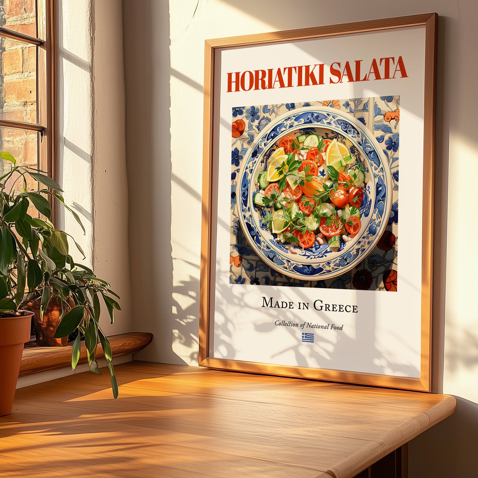 Horiatiki salata – Greek Salad Dish, Brasserie Print, no-text version framed in wood