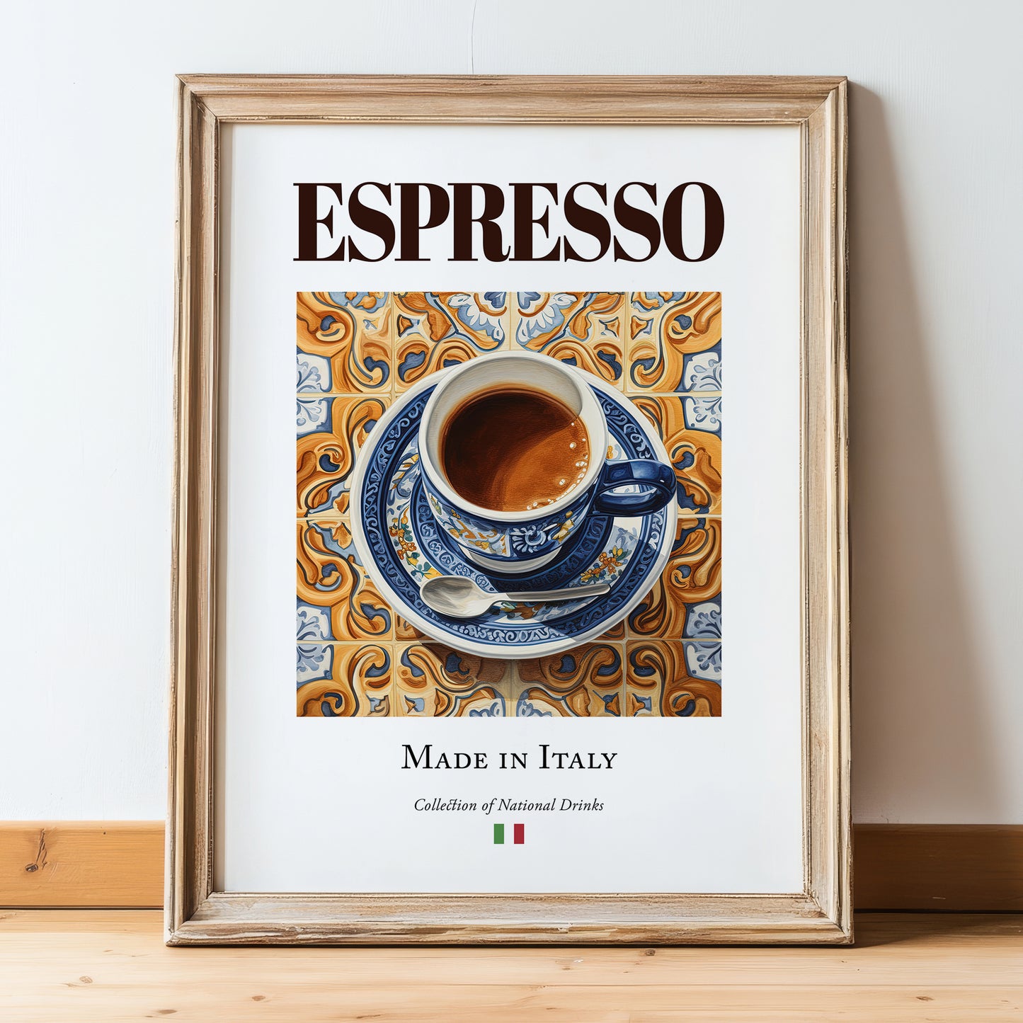 Espresso – Italian Coffee, Street Café Print, in wooden frame leaning on the floor