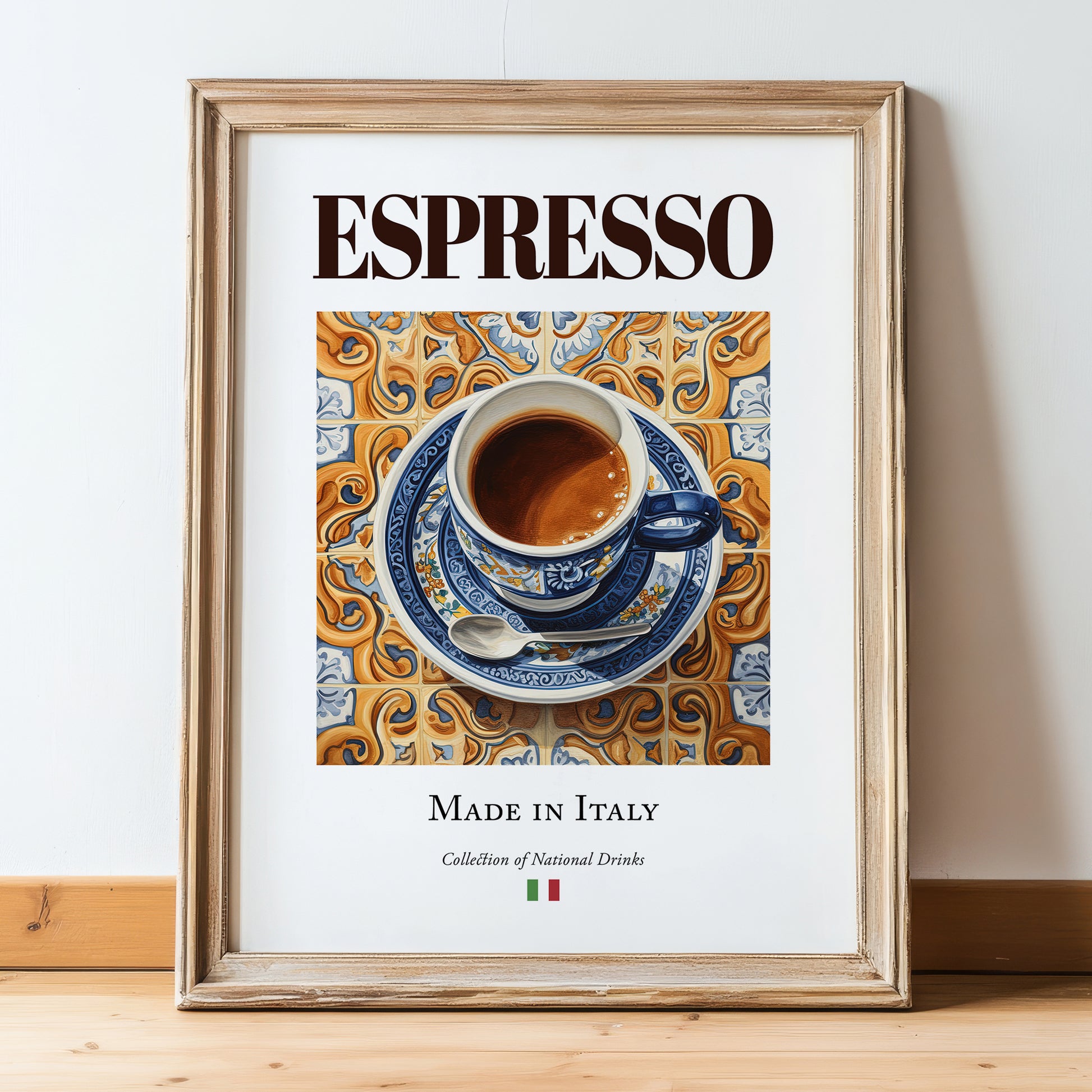 Espresso – Italian Coffee, Street Café Print, in wooden frame leaning on the floor