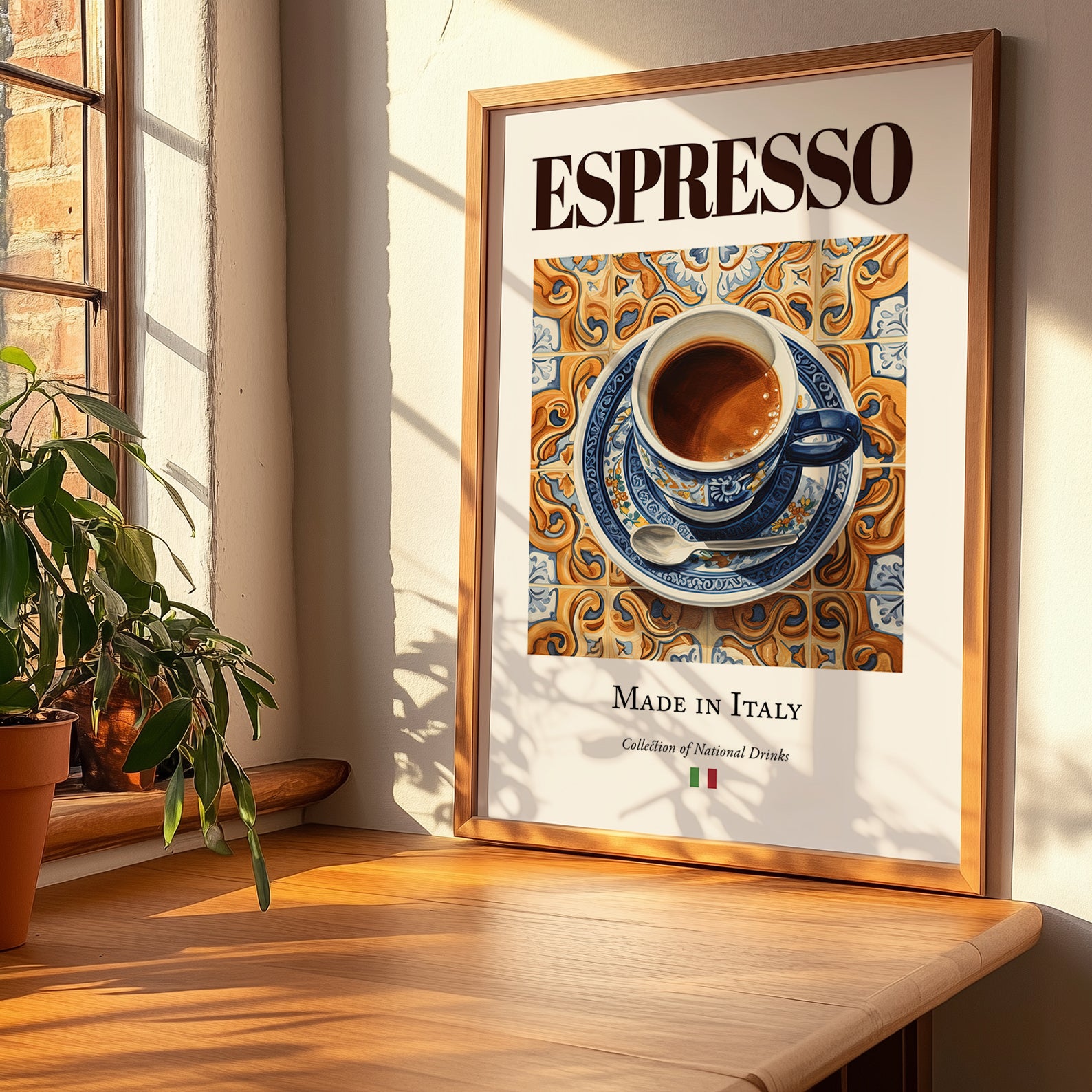Espresso – Italian Coffee, Street Café Print, no-text version framed in wood