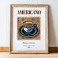 Americano – Italian Coffee, Street Café Illustration, in wooden frame leaning on the floor