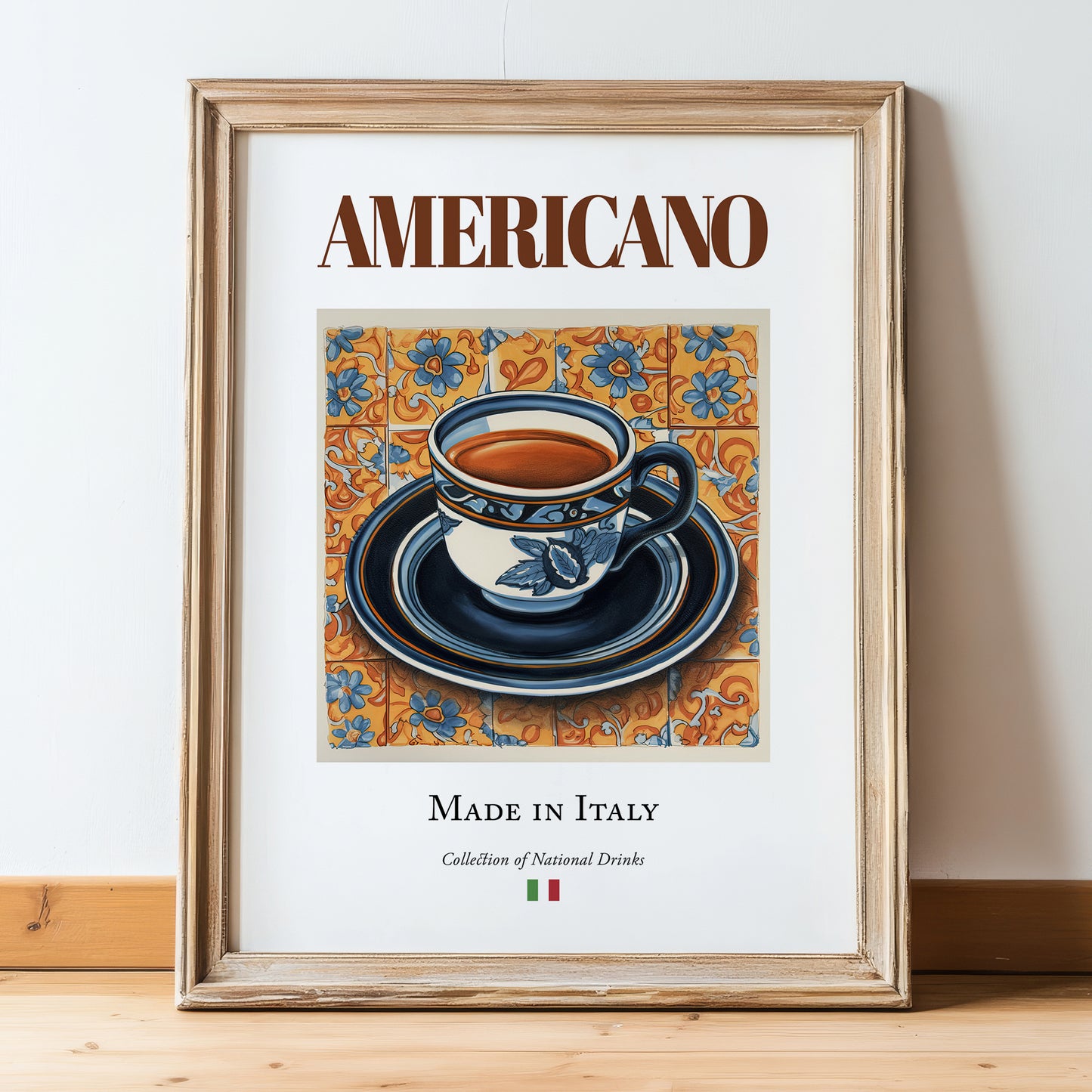 Americano – Italian Coffee, Street Café Illustration, in wooden frame leaning on the floor