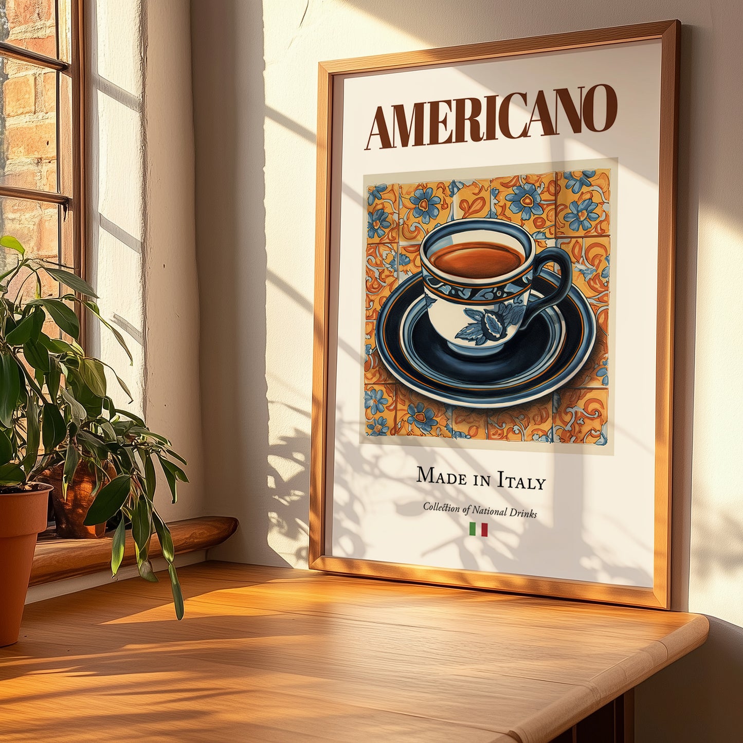 Americano – Italian Coffee, Street Café Illustration, no-text version framed in wood