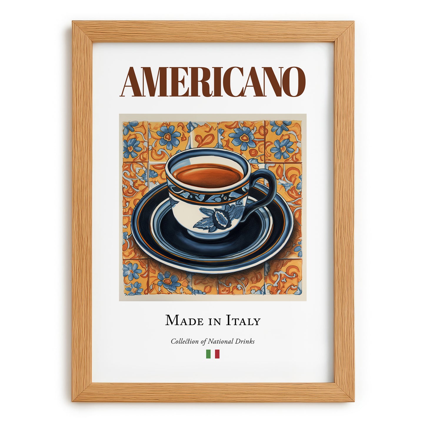 Americano – Italian Coffee, Street Café Illustration, set in oak frame