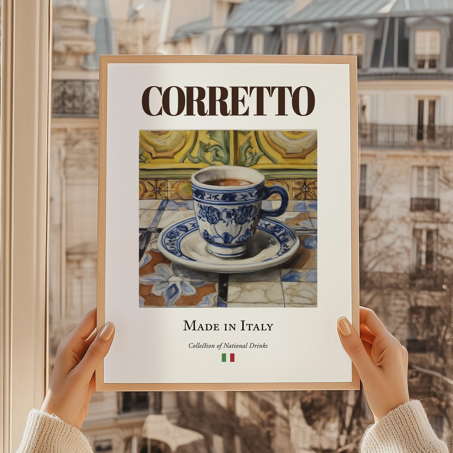 Corretto – Italian Coffee, Street Café Poster, styled in a charming Paris street view