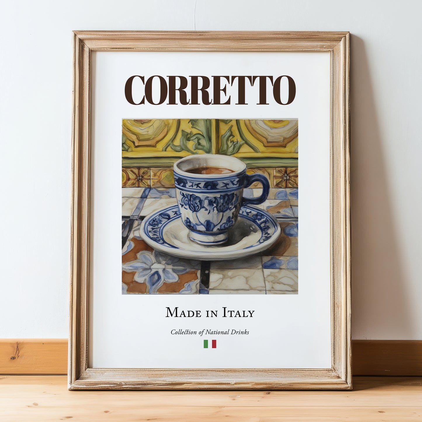 Corretto – Italian Coffee, Street Café Poster, in wooden frame leaning on the floor