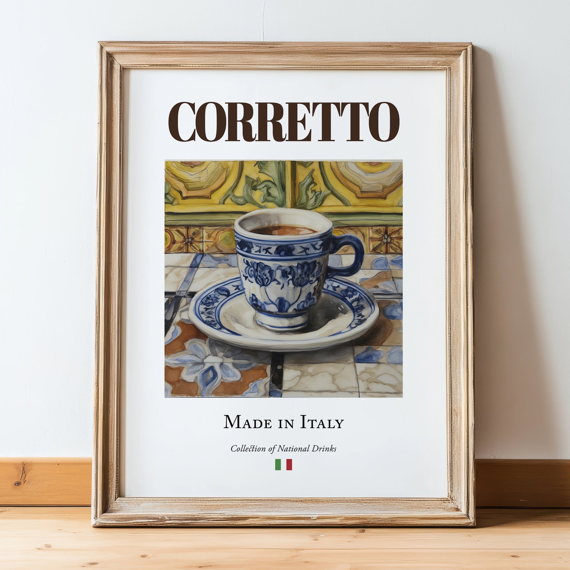 Corretto – Italian Coffee, Street Café Poster, in wooden frame leaning on the floor