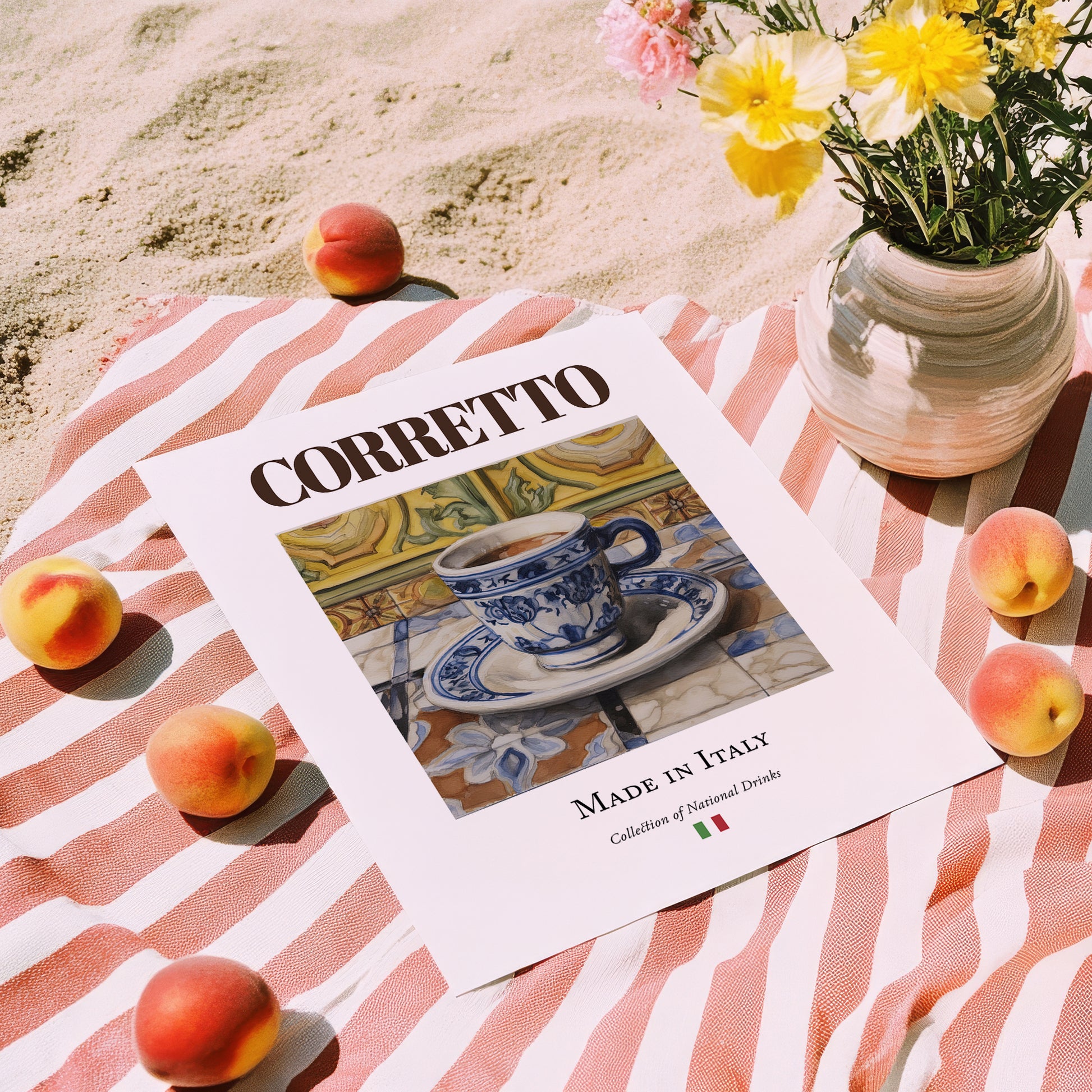 Corretto – Italian Coffee, Street Café Poster, unframed on coastal sand
