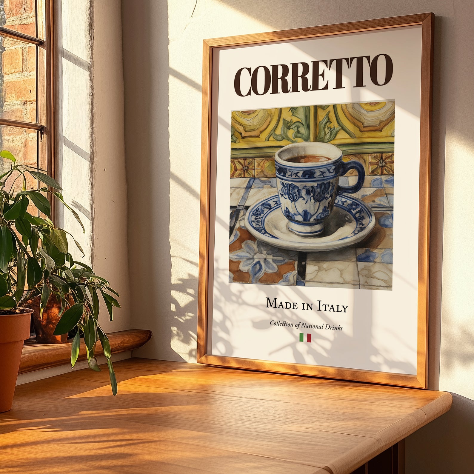 Corretto – Italian Coffee, Street Café Poster, no-text version framed in wood