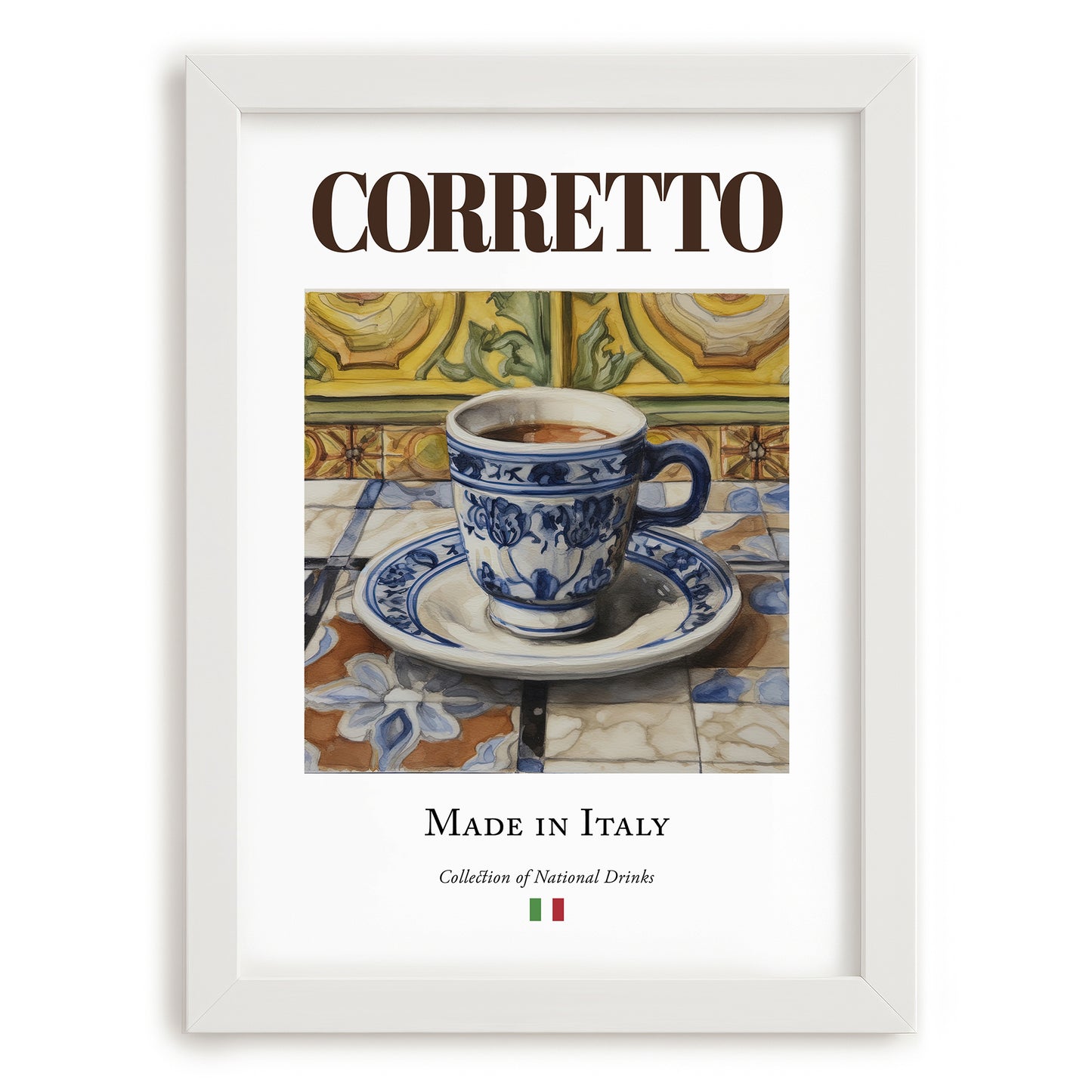 Corretto – Italian Coffee, Street Café Poster, placed in minimal white frame