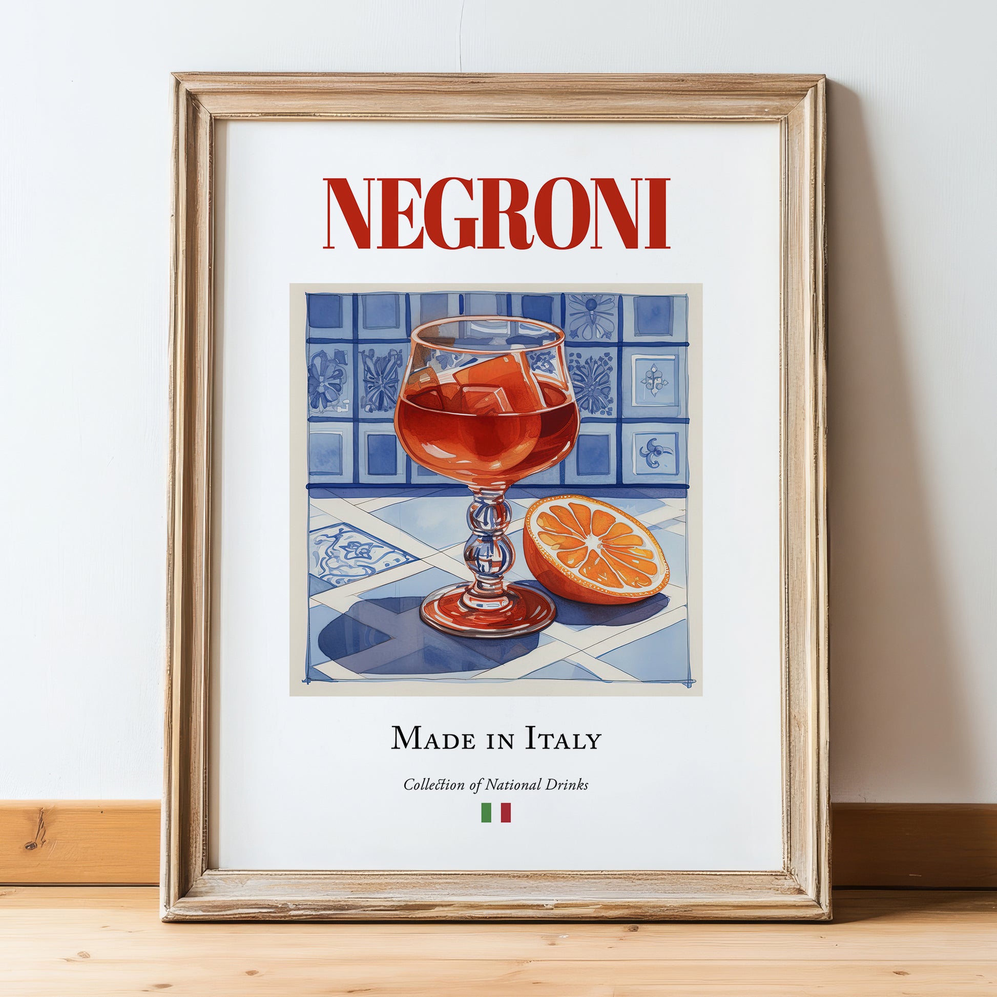 Negroni – Italian Cocktail Drink, Cocktail Lounge Poster, in wooden frame leaning on the floor