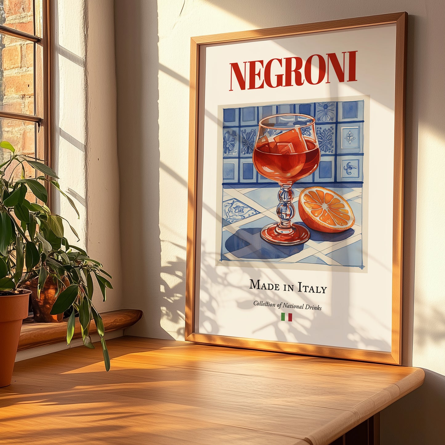 Negroni – Italian Cocktail Drink, Cocktail Lounge Poster, no-text version framed in wood