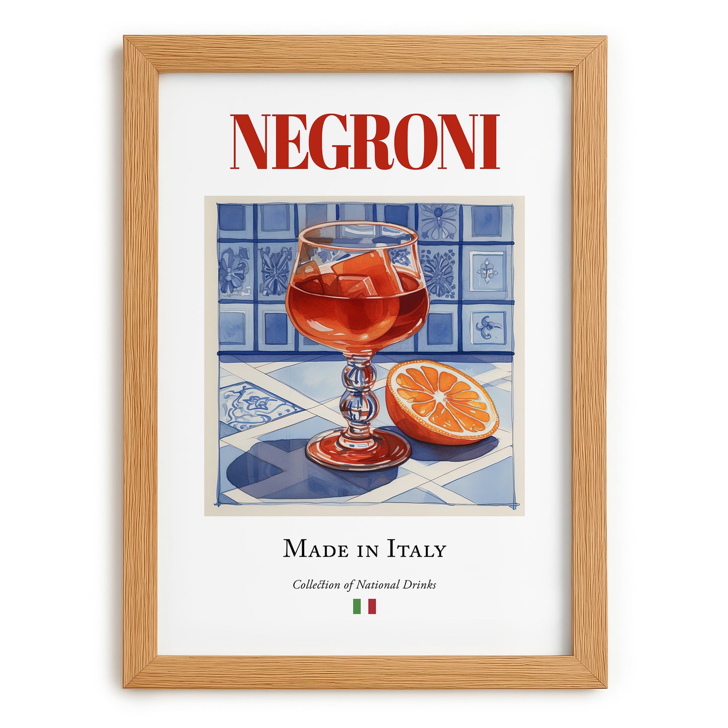 Negroni – Italian Cocktail Drink, Cocktail Lounge Poster, set in oak frame