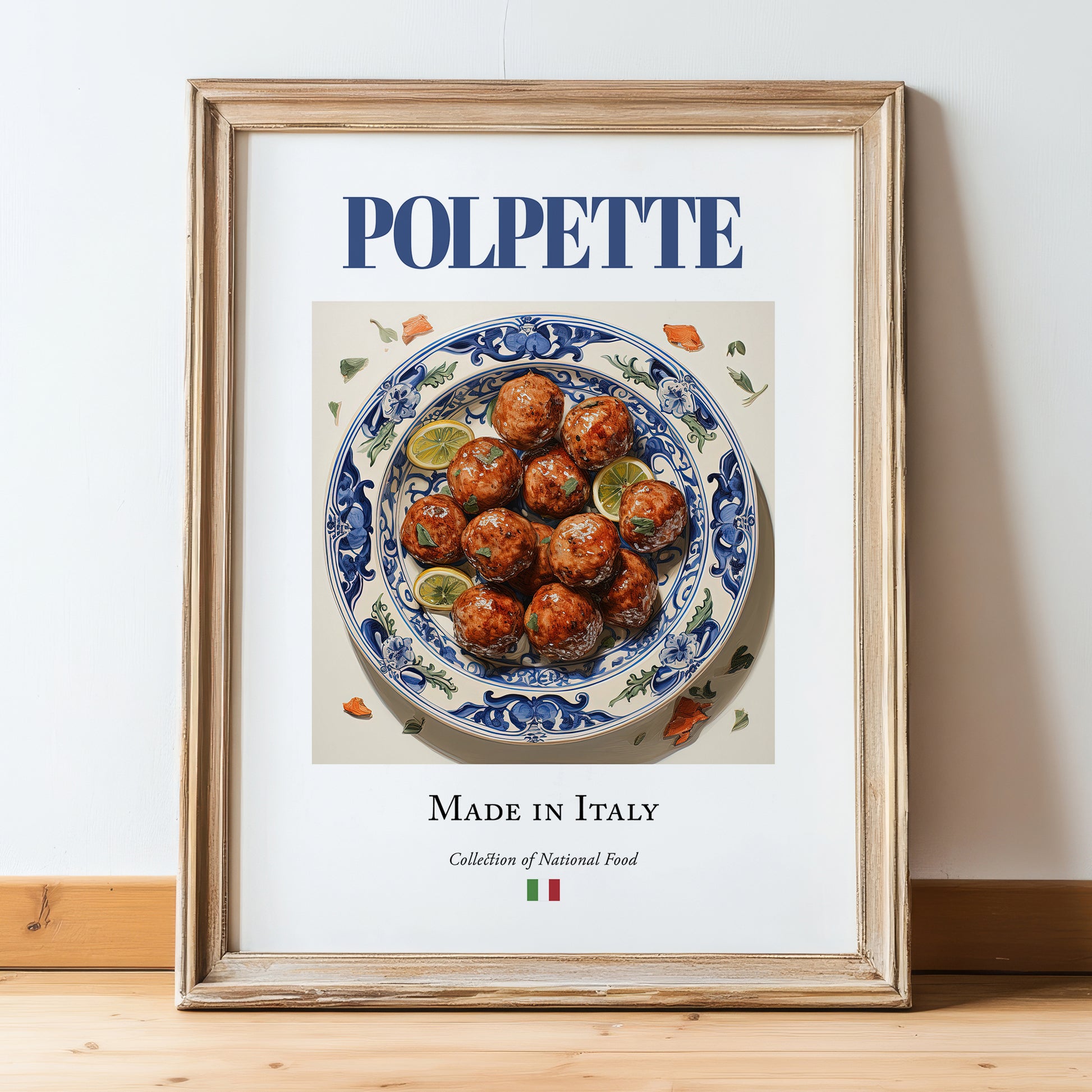 Polpette – Italian Meat Dish, Tavern Wall Decor, in wooden frame leaning on the floor