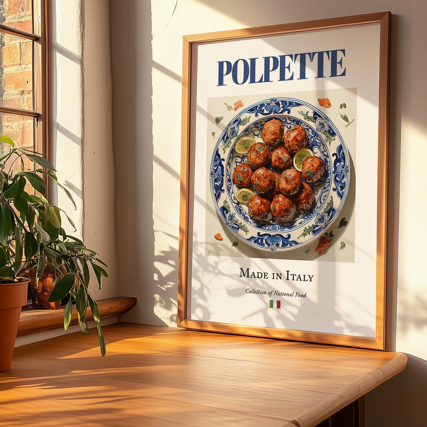 Polpette – Italian Meat Dish, Tavern Wall Decor, no-text version framed in wood