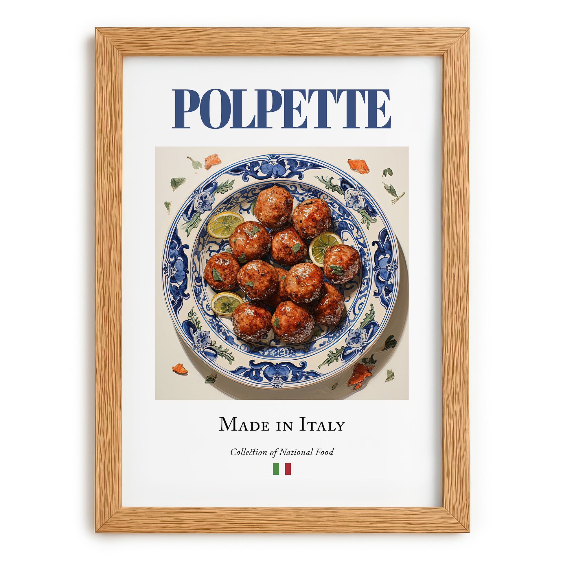 Polpette – Italian Meat Dish, Tavern Wall Decor, set in oak frame