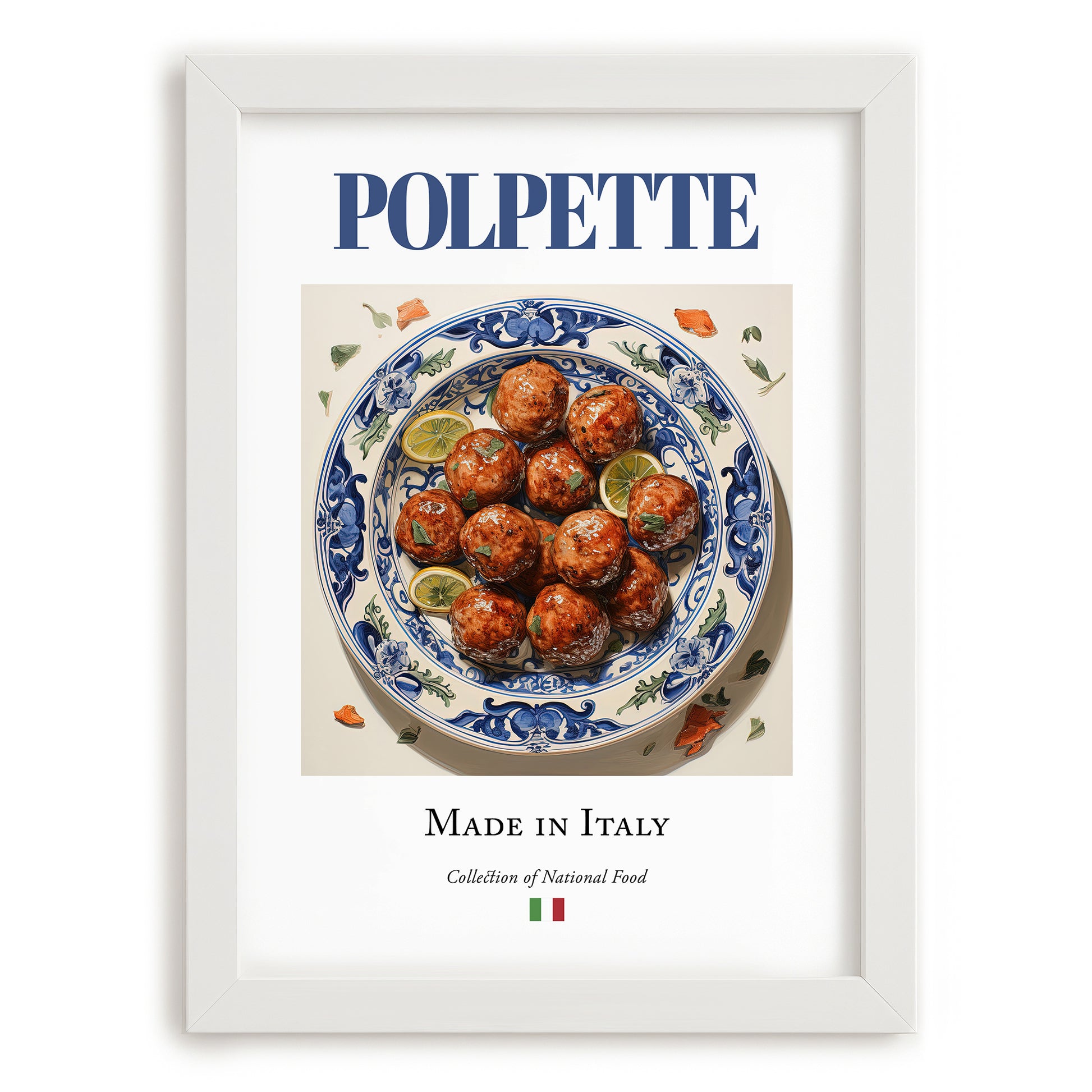 Polpette – Italian Meat Dish, Tavern Wall Decor, placed in minimal white frame