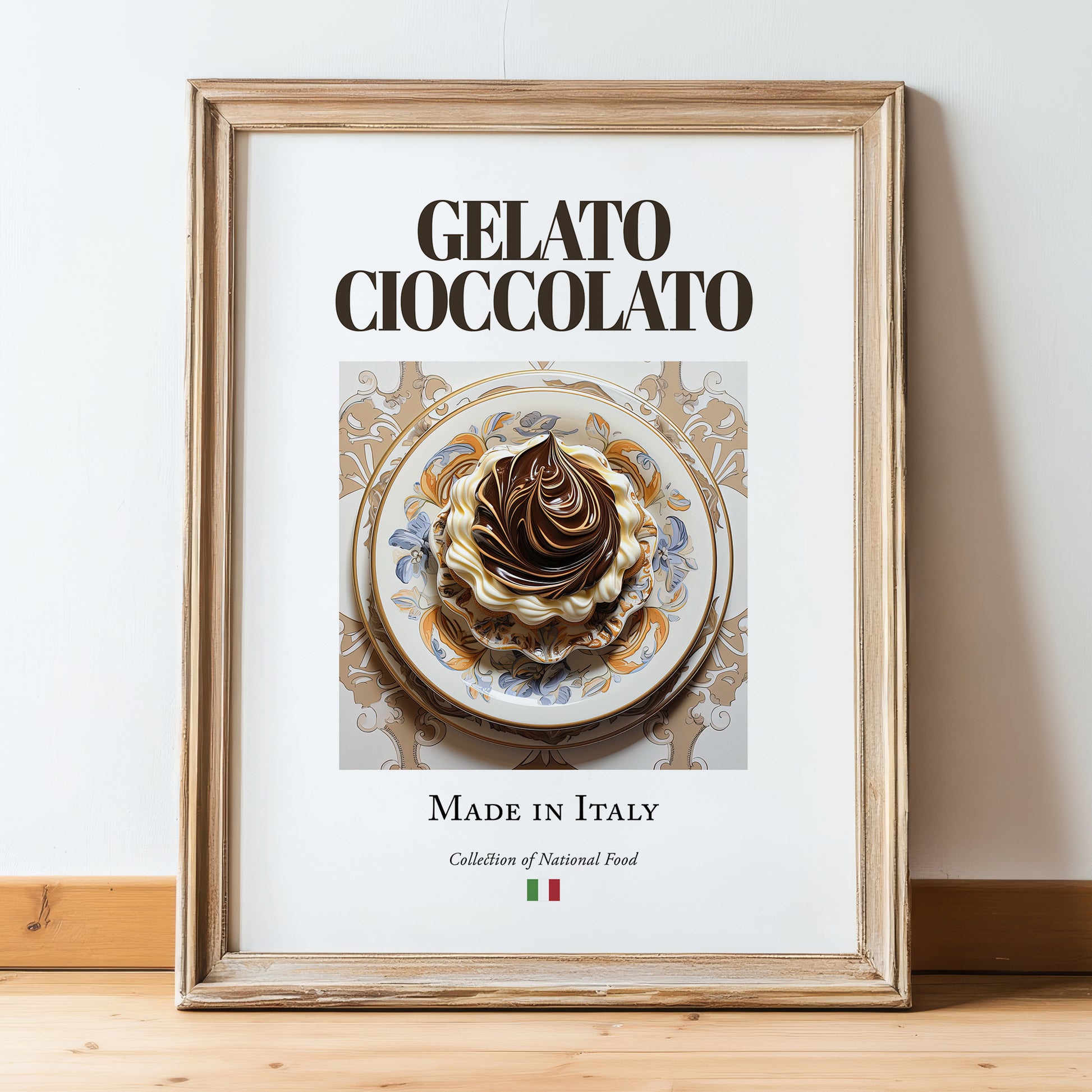 Gelato cioccolato – Italian Dessert Dish, Bistro Painting, in wooden frame leaning on the floor