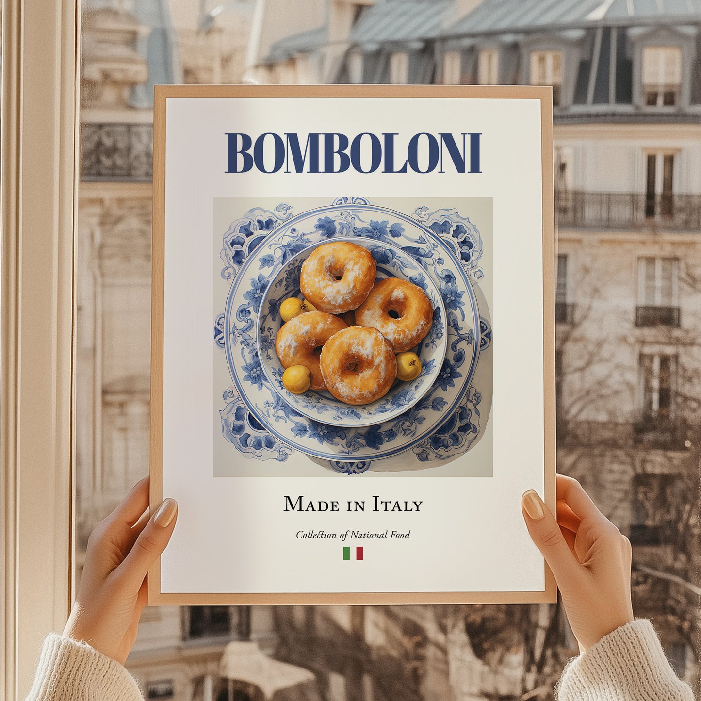 Bomboloni – Italian Dessert Dish, Tavern Print, styled in a charming Paris street view