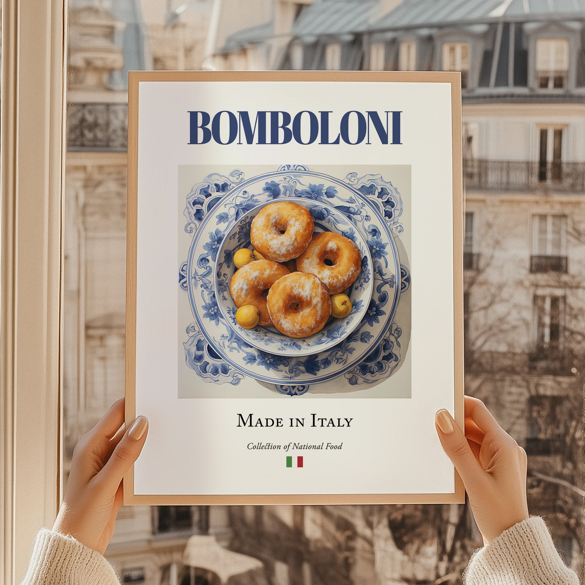 Bomboloni – Italian Dessert Dish, Tavern Print, styled in a charming Paris street view