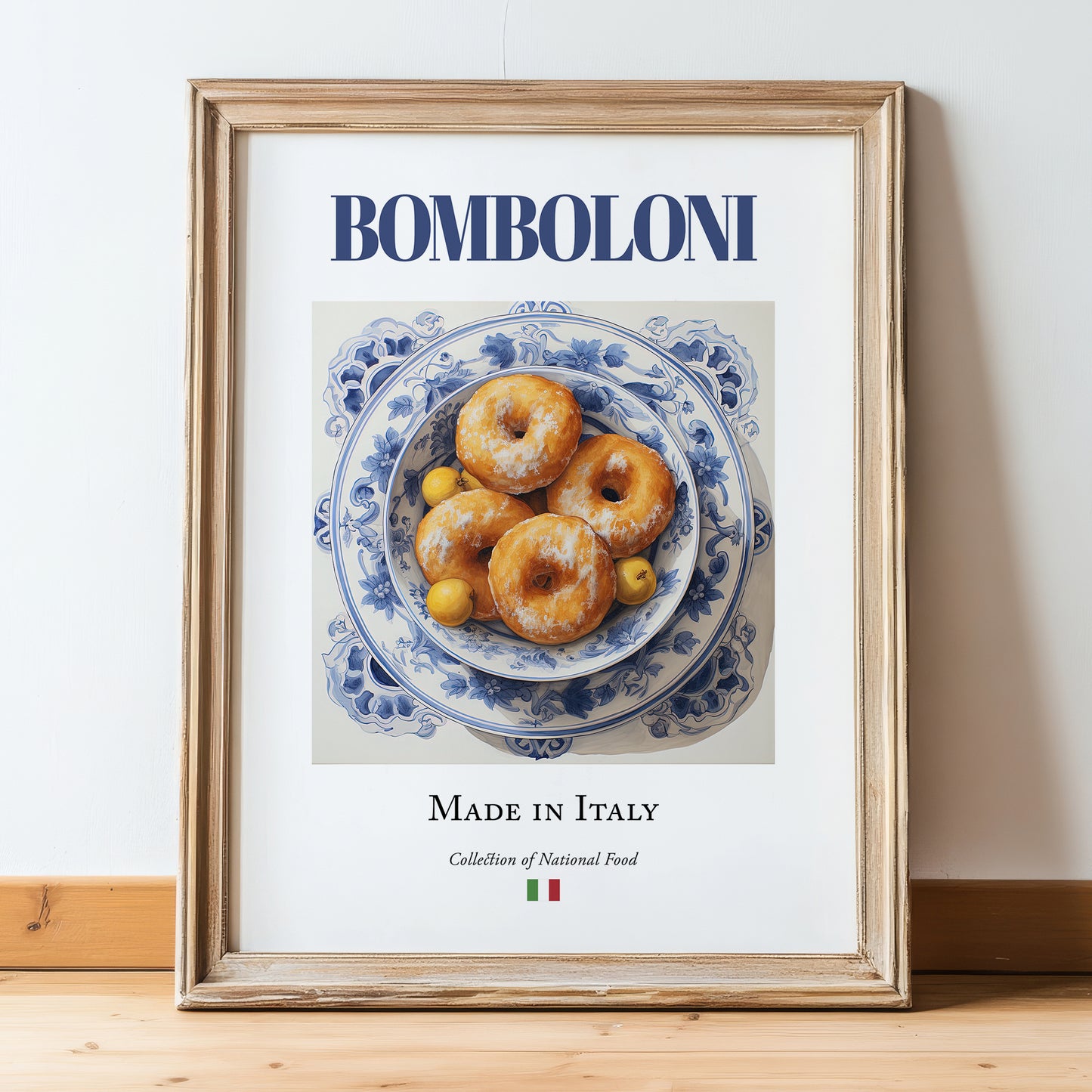 Bomboloni – Italian Dessert Dish, Tavern Print, in wooden frame leaning on the floor