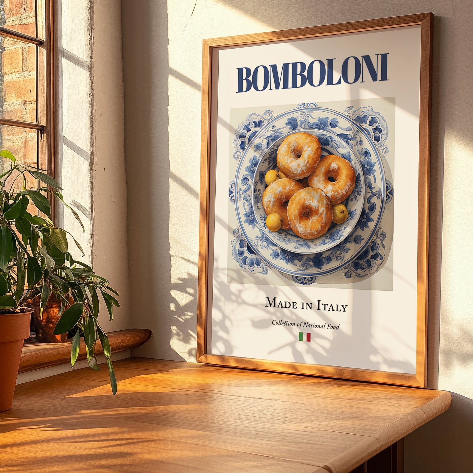 Bomboloni – Italian Dessert Dish, Tavern Print, no-text version framed in wood