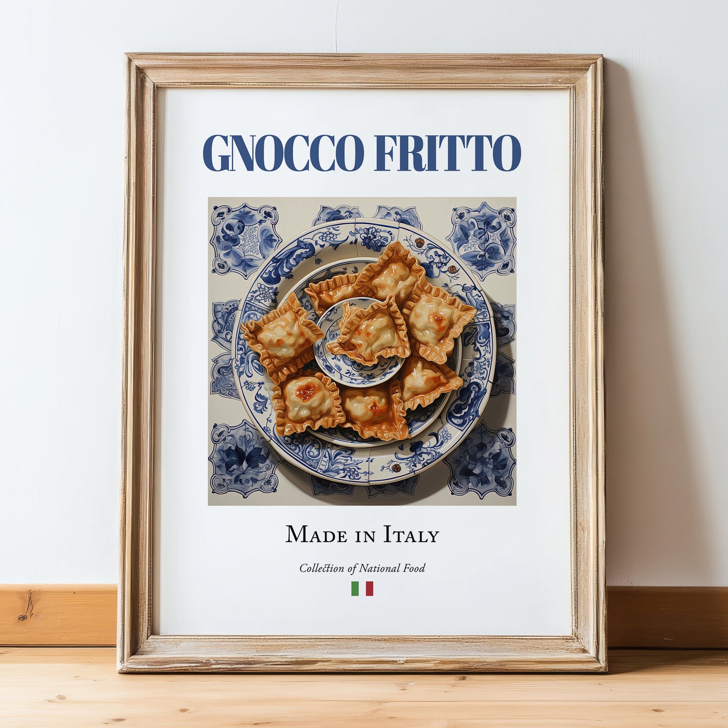 Gnocco fritto – Italian Dish, Restaurant Wall Art, in wooden frame leaning on the floor