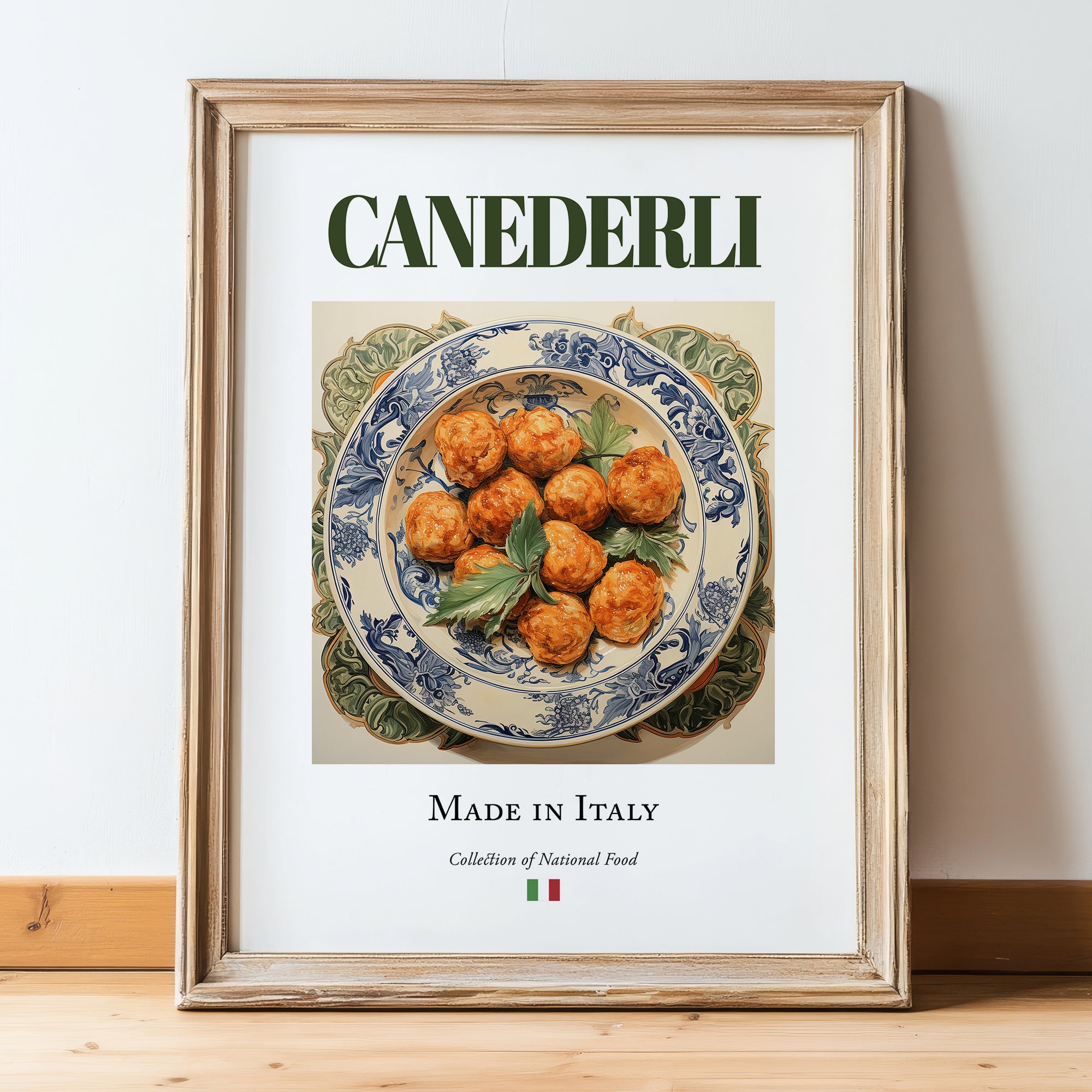 Canederli – Italian Dish, Restaurant Poster, in wooden frame leaning on the floor
