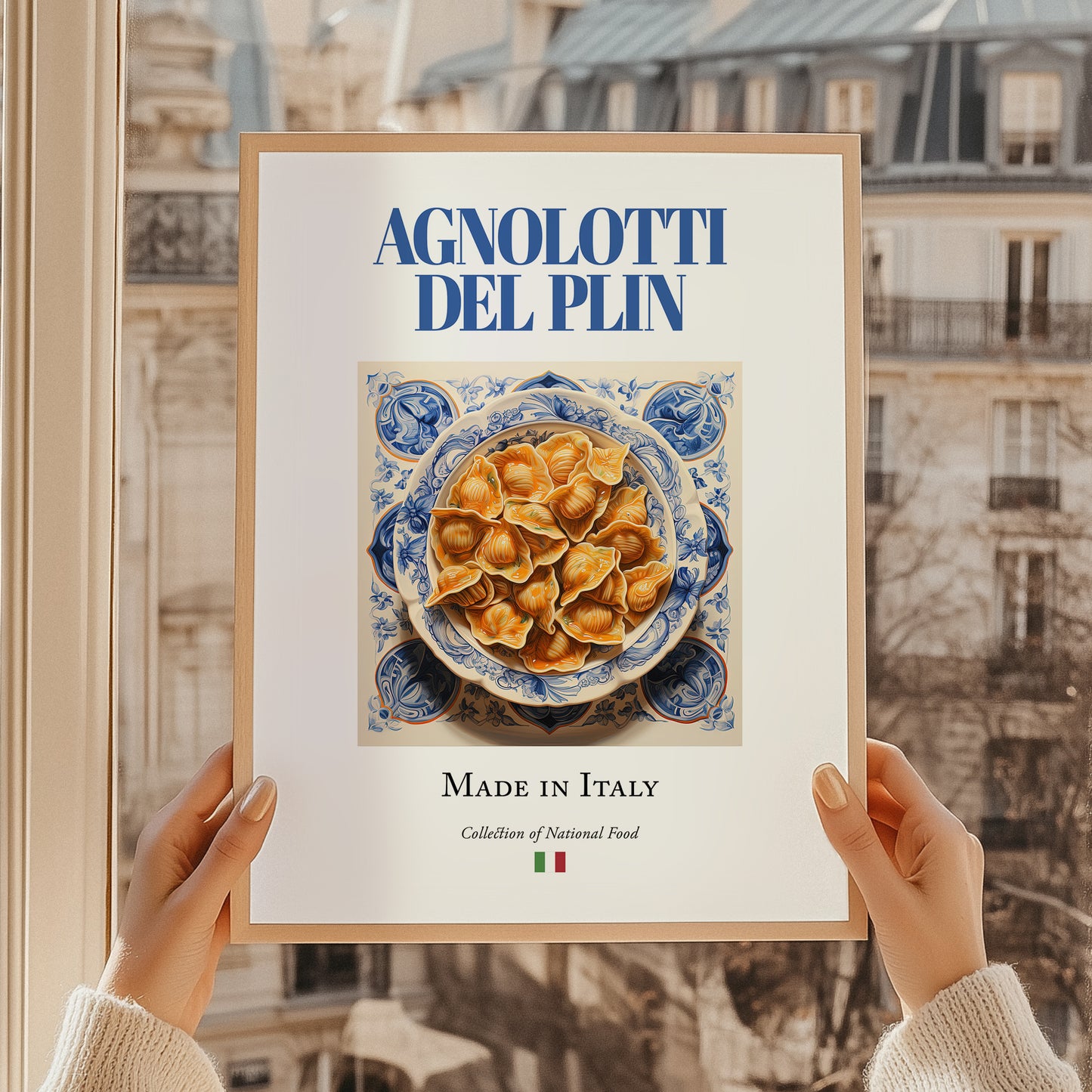 Agnolotti del plin – Italian Pasta, Osteria Illustration, styled in a charming Paris street view