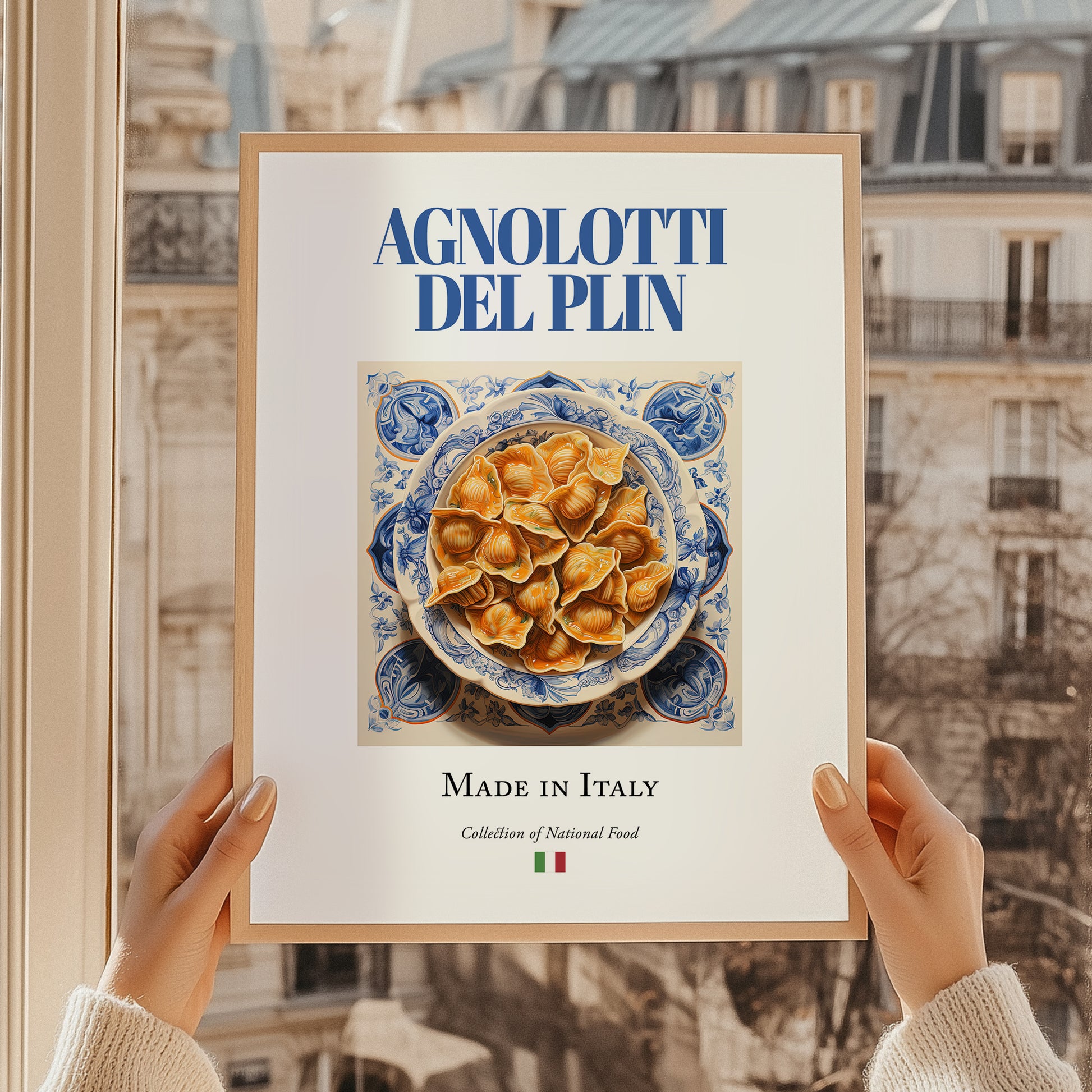 Agnolotti del plin – Italian Pasta, Osteria Illustration, styled in a charming Paris street view