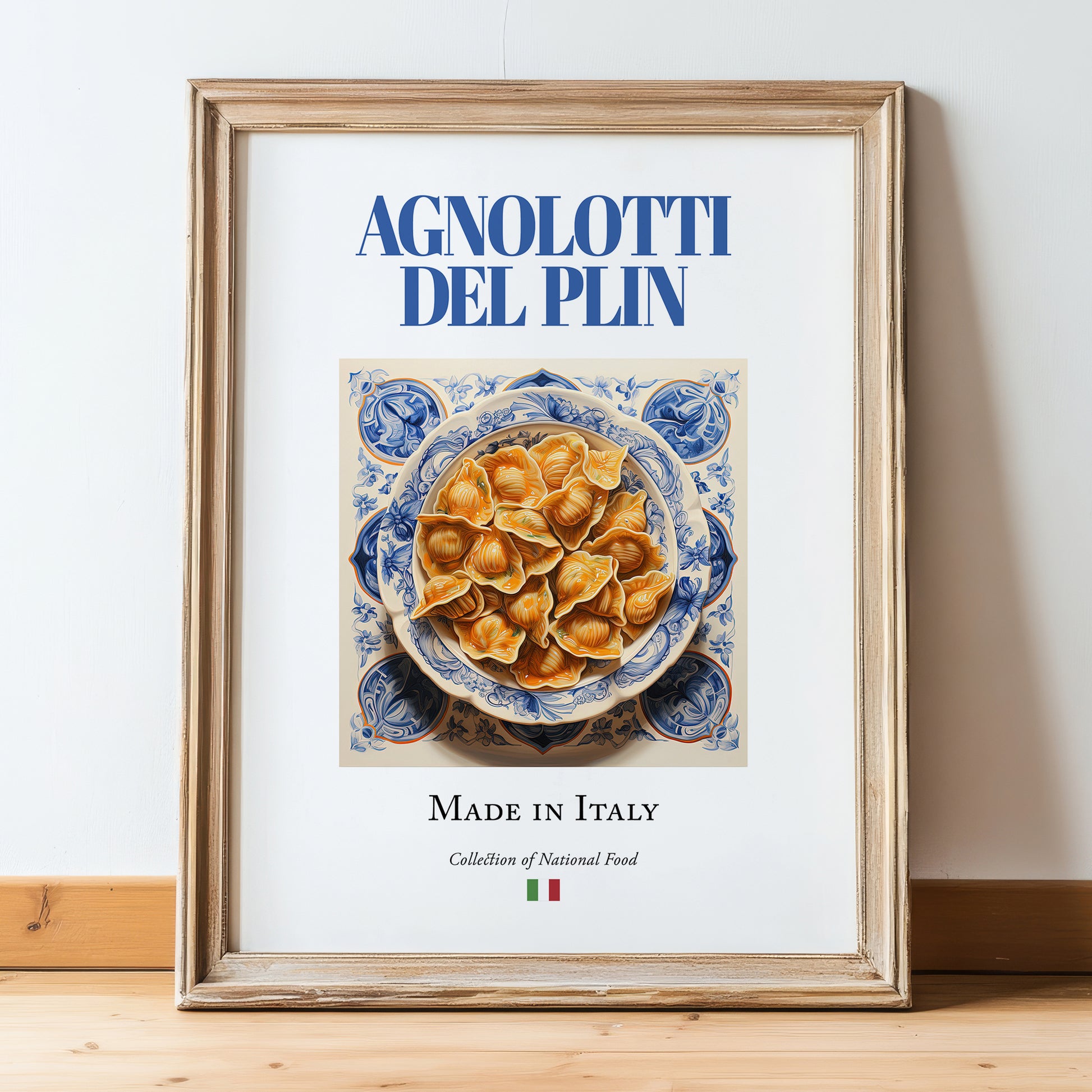 Agnolotti del plin – Italian Pasta, Osteria Illustration, in wooden frame leaning on the floor