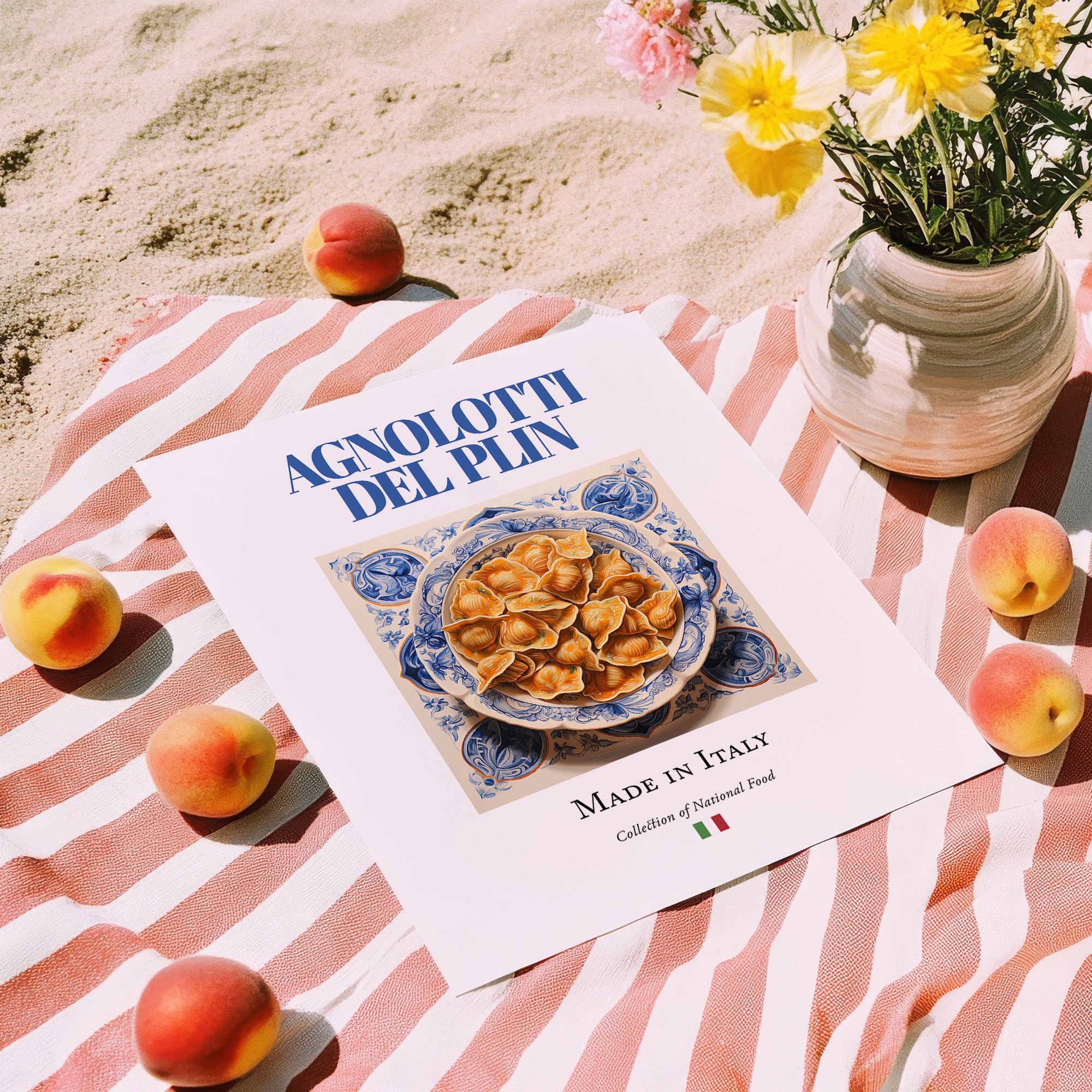Agnolotti del plin – Italian Pasta, Osteria Illustration, unframed on coastal sand