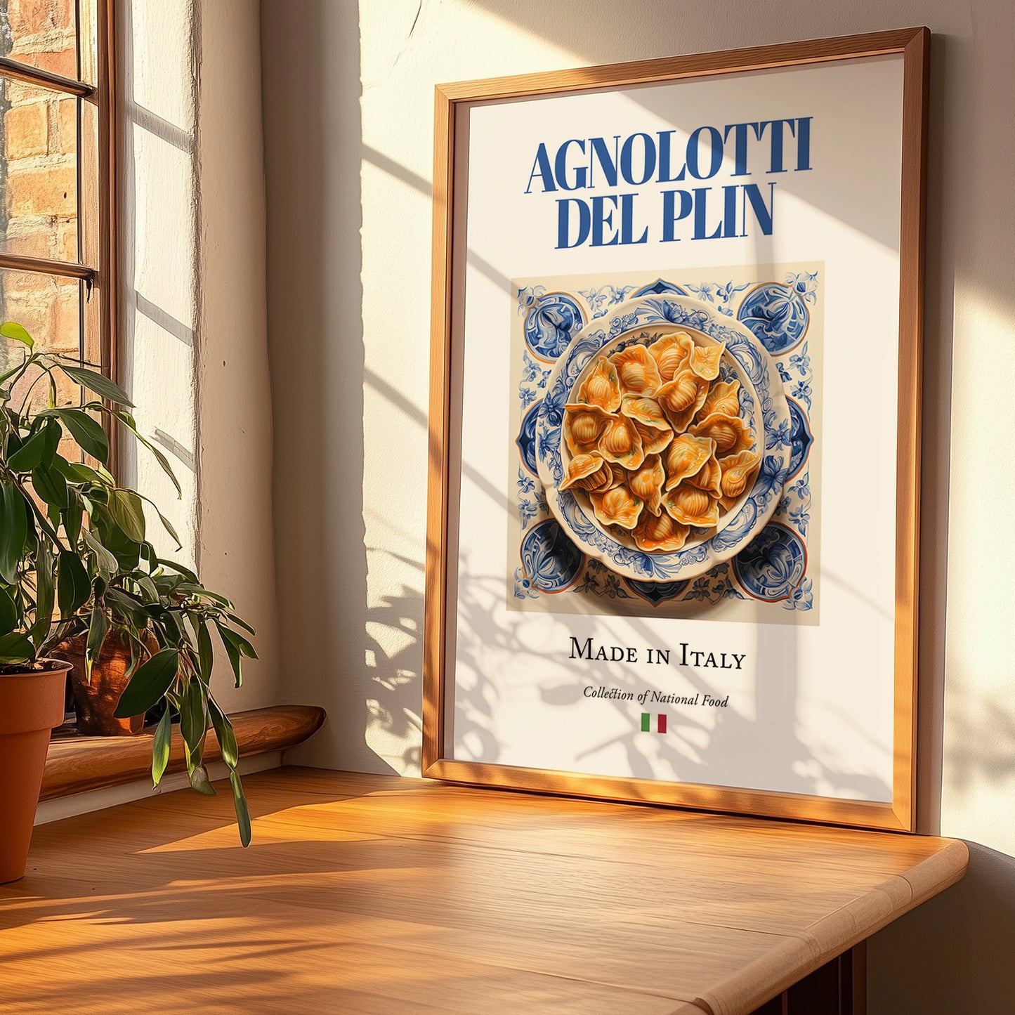 Agnolotti del plin – Italian Pasta, Osteria Illustration, no-text version framed in wood