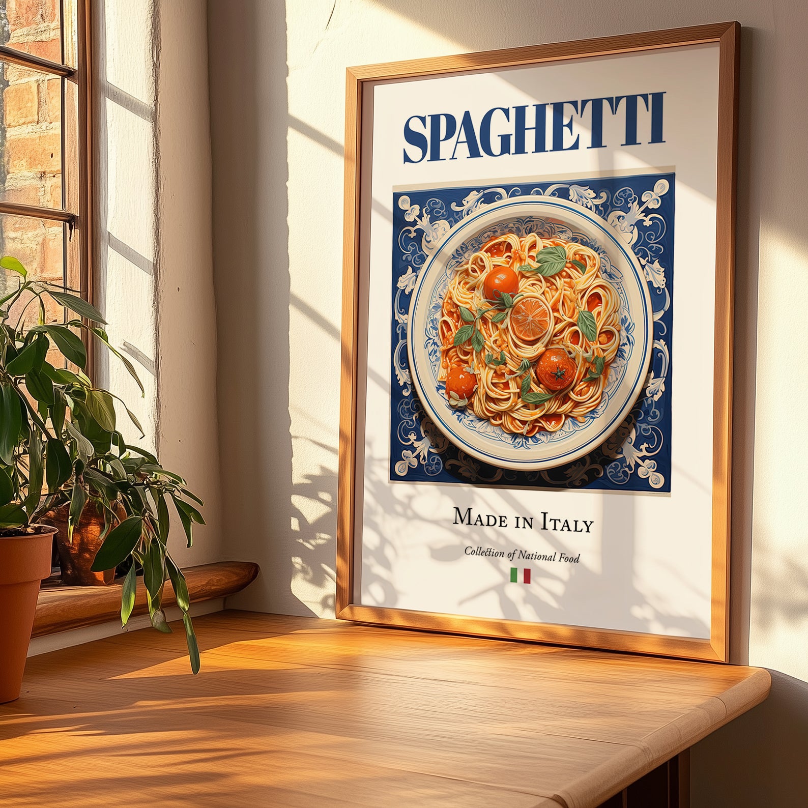 Spaghetti – Italian Pasta, Trattoria Wall Art, no-text version framed in wood