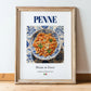 Penne – Italian Pasta, Osteria Illustration, in wooden frame leaning on the floor