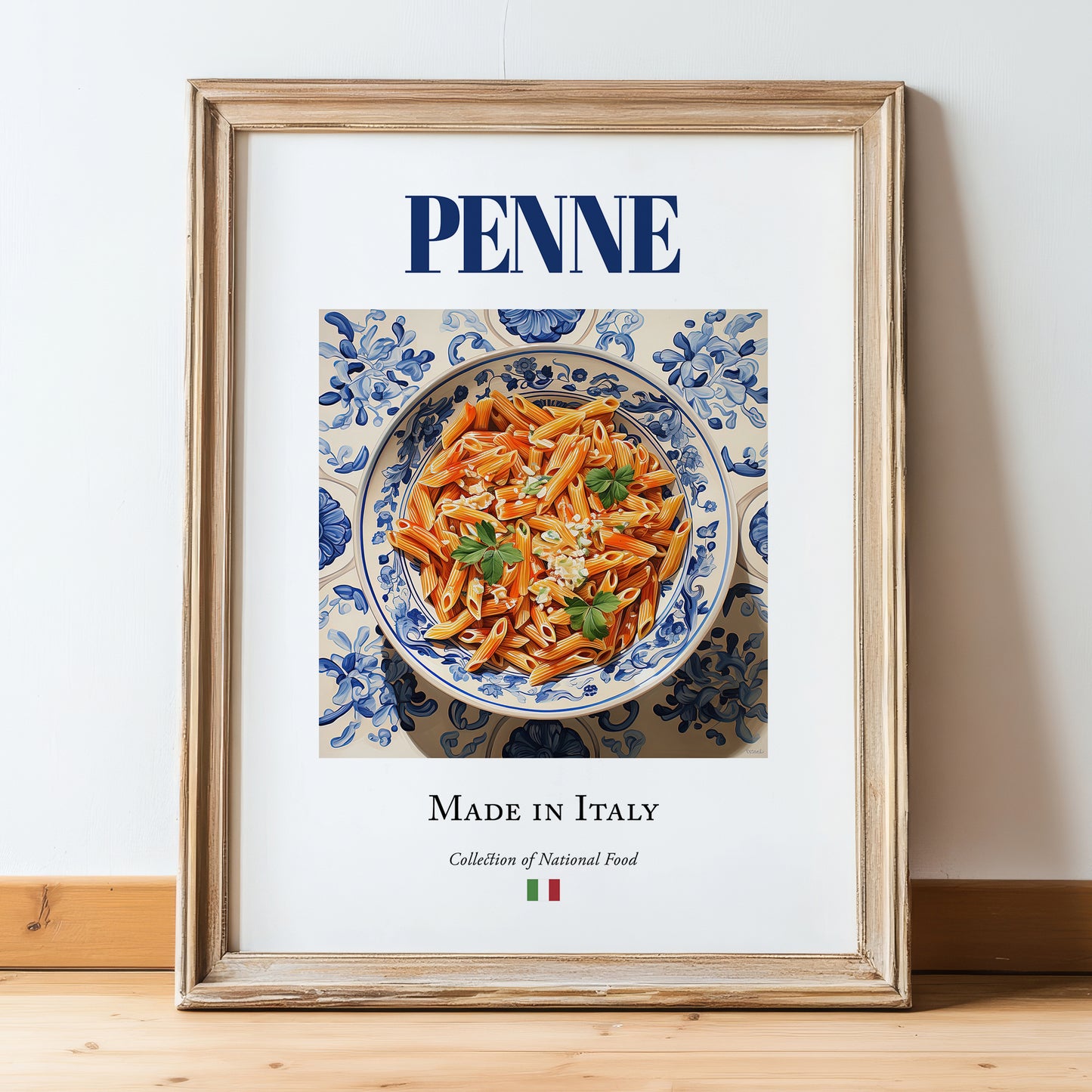 Penne – Italian Pasta, Osteria Illustration, in wooden frame leaning on the floor