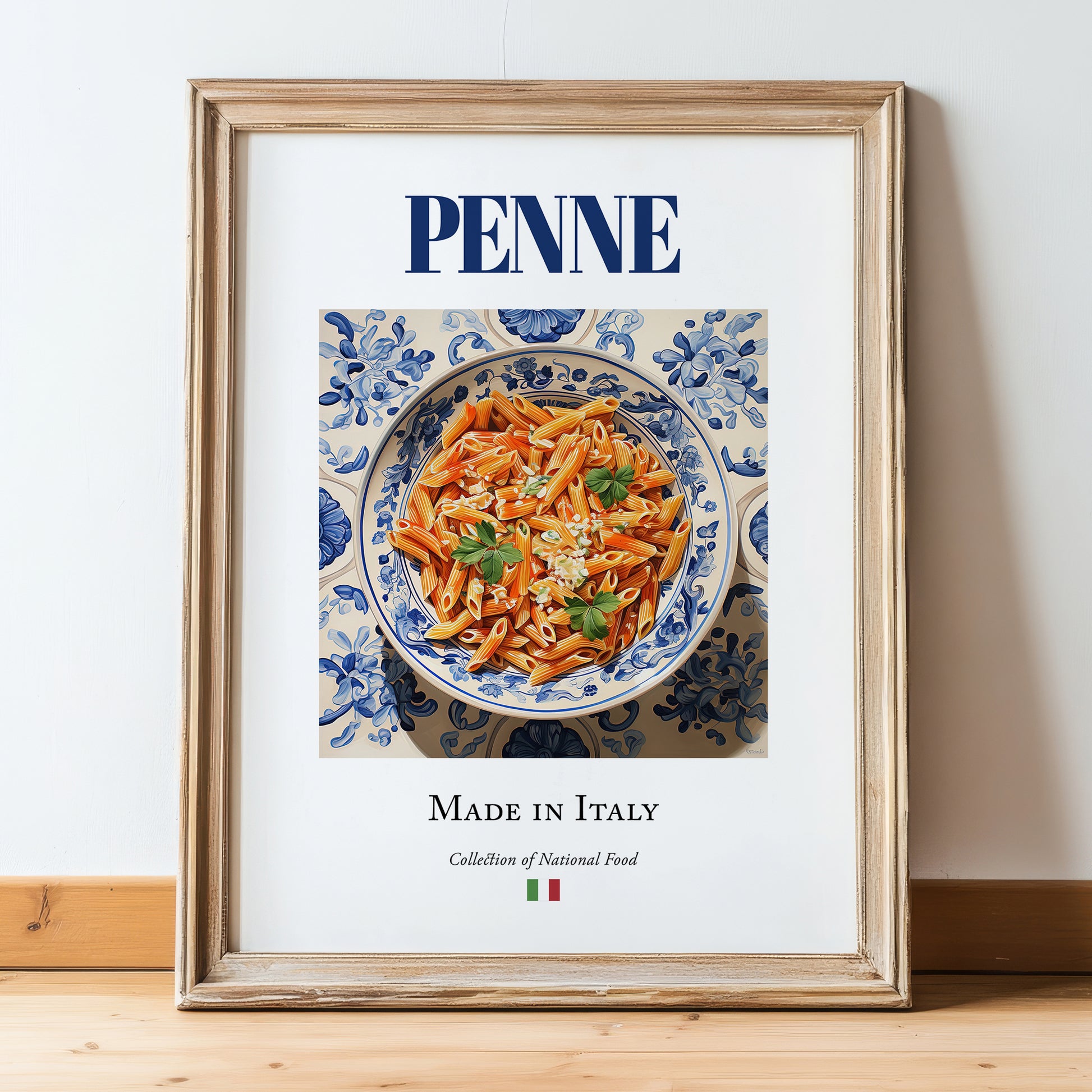 Penne – Italian Pasta, Osteria Illustration, in wooden frame leaning on the floor