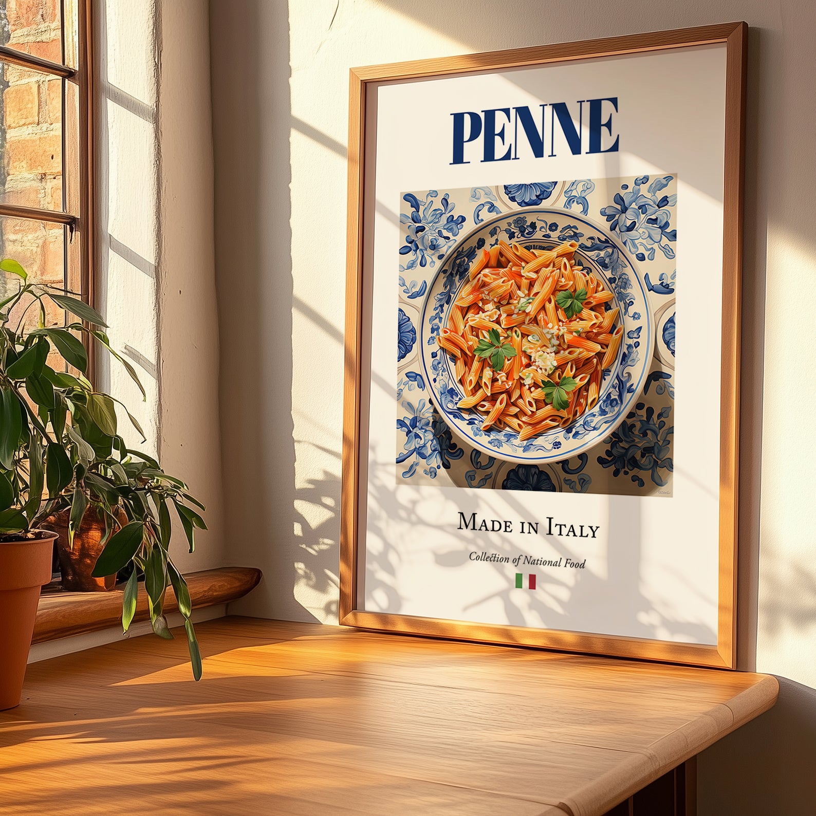 Penne – Italian Pasta, Osteria Illustration, no-text version framed in wood