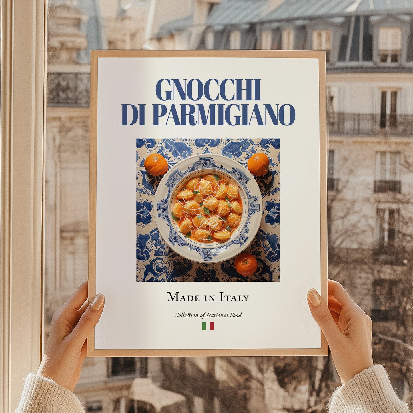 Gnocchi di Parmigiano – Italian Dish, Café Poster, styled in a charming Paris street view