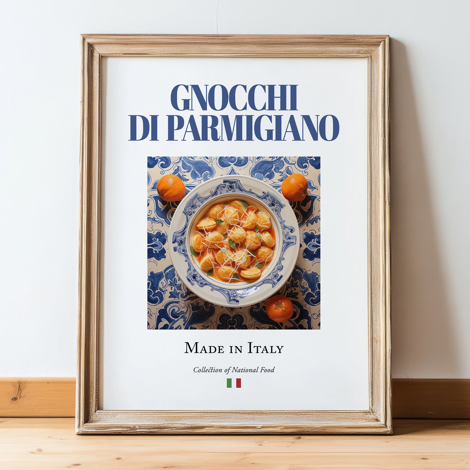 Gnocchi di Parmigiano – Italian Dish, Café Poster, in wooden frame leaning on the floor