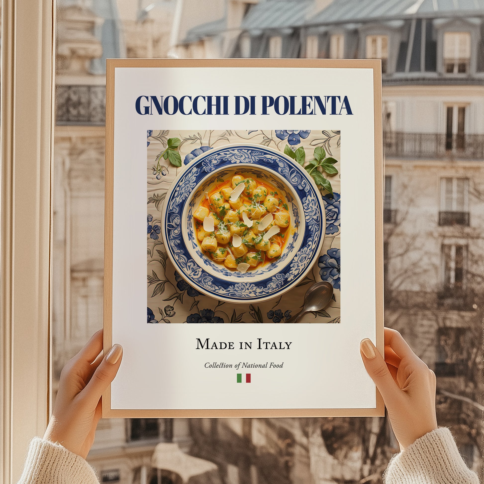 Gnocchi di Polenta – Italian Dish, Bistro Painting, styled in a charming Paris street view