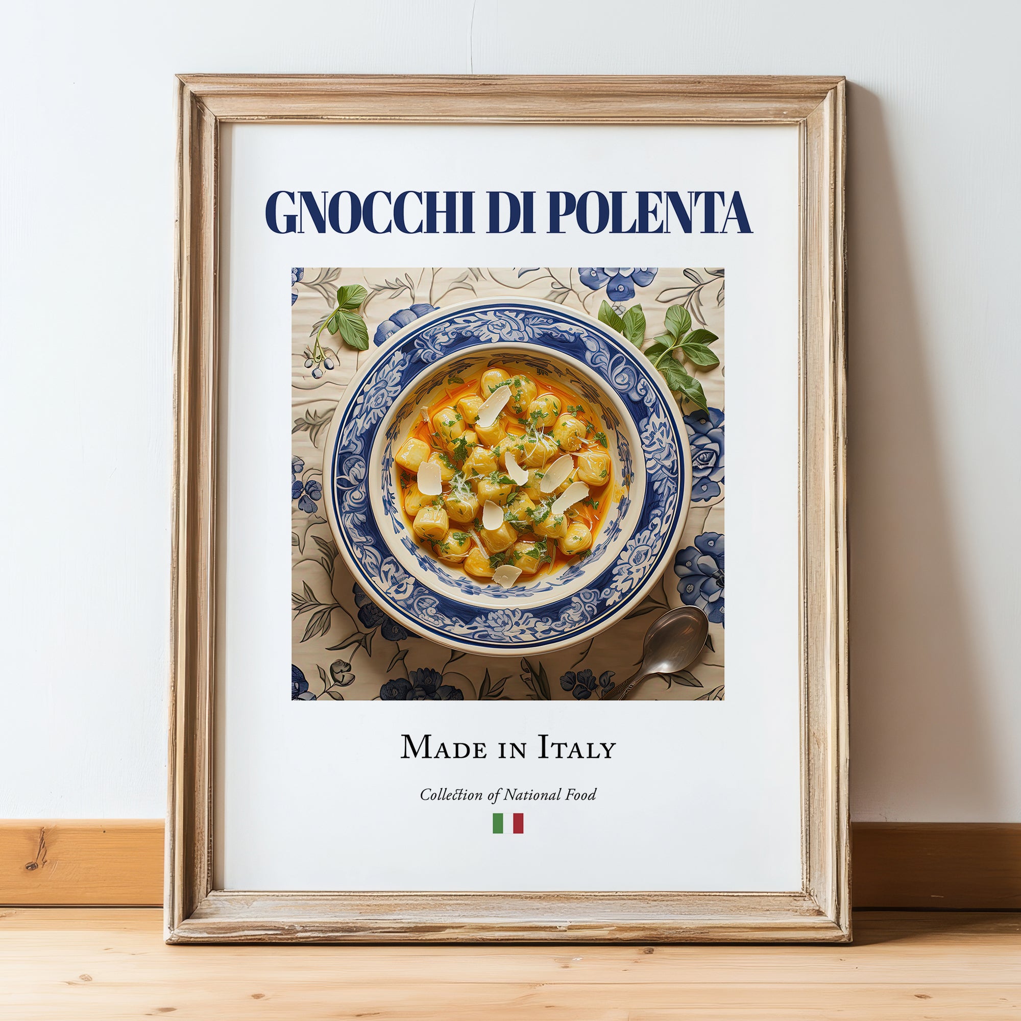 Gnocchi di Polenta – Italian Dish, Bistro Painting, in wooden frame leaning on the floor