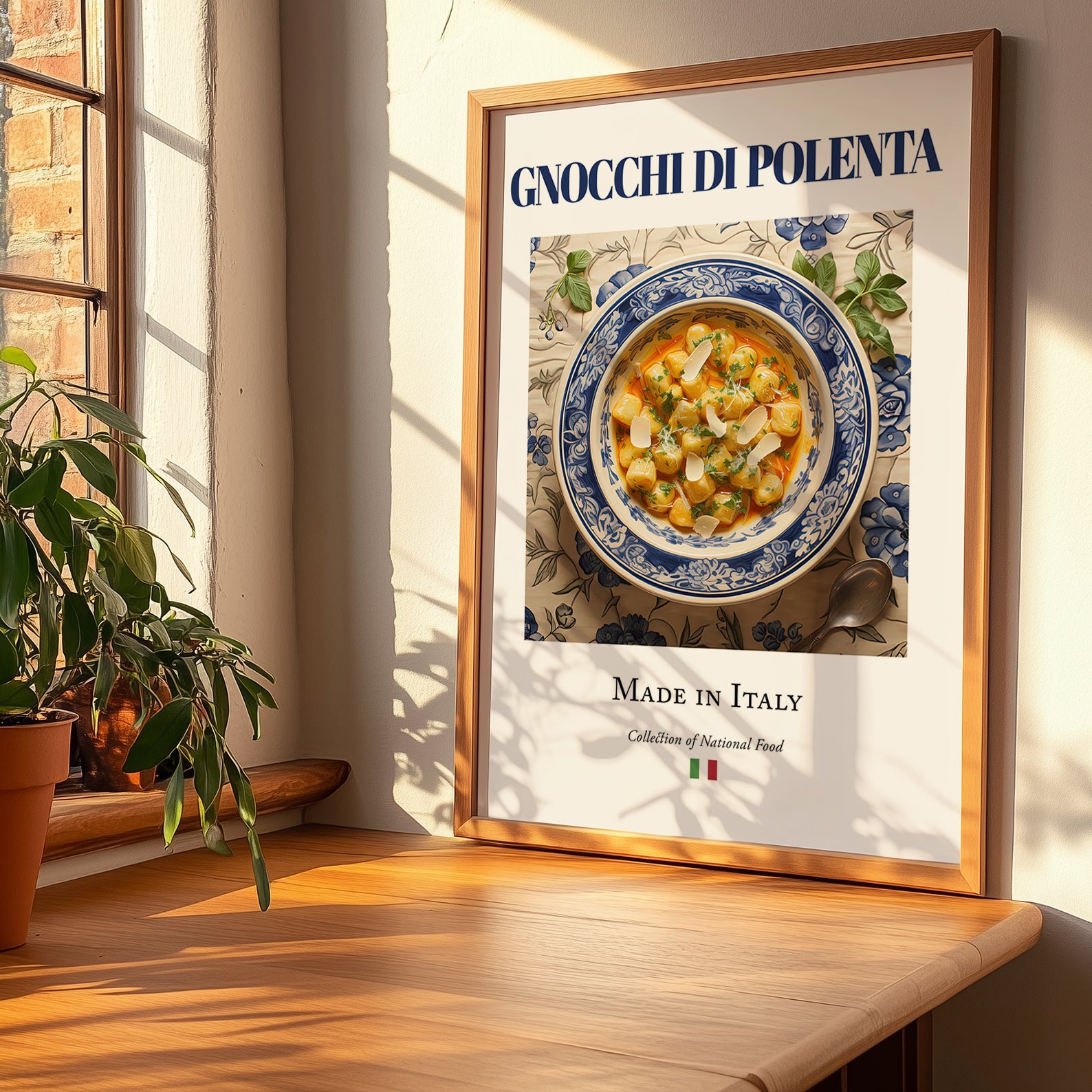 Gnocchi di Polenta – Italian Dish, Bistro Painting, no-text version framed in wood