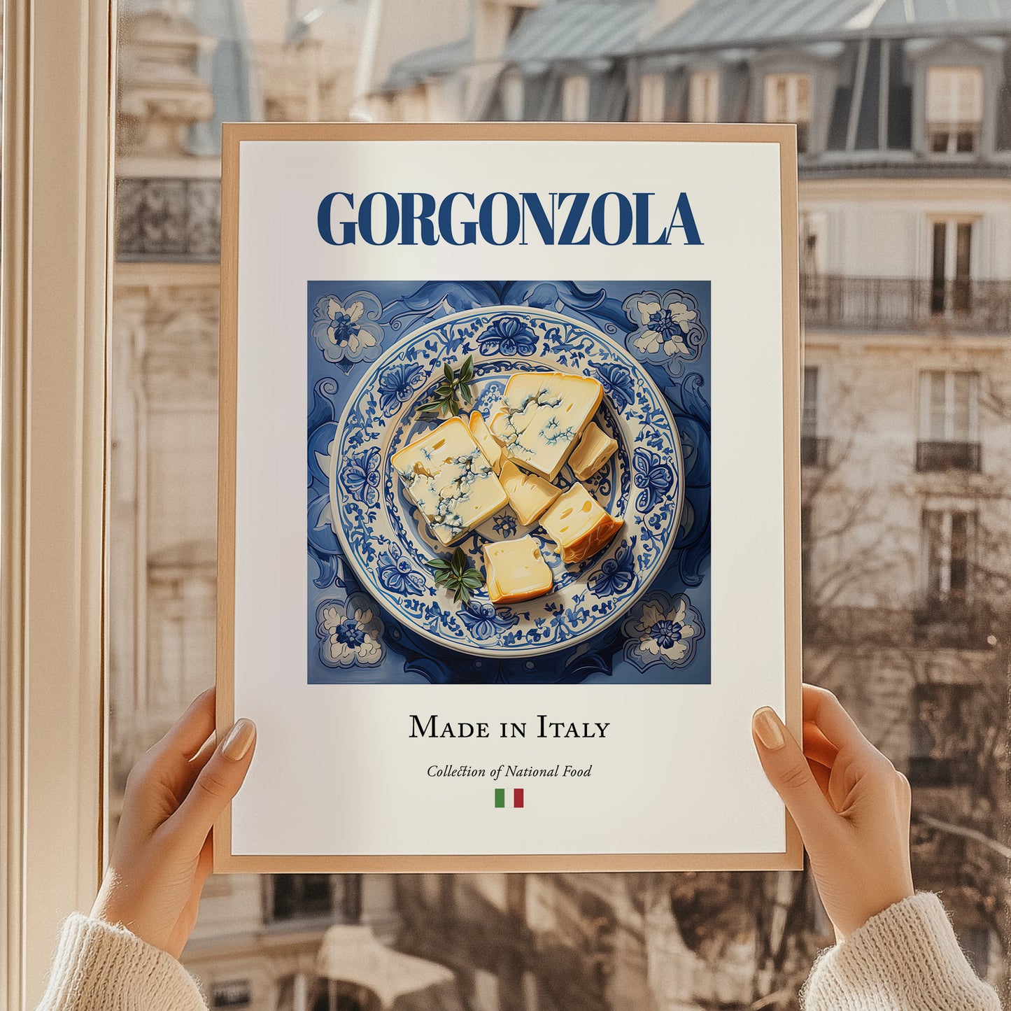 Gorgonzola – Italian Cheese Dish, Farmhouse Kitchen Print, styled in a charming Paris street view