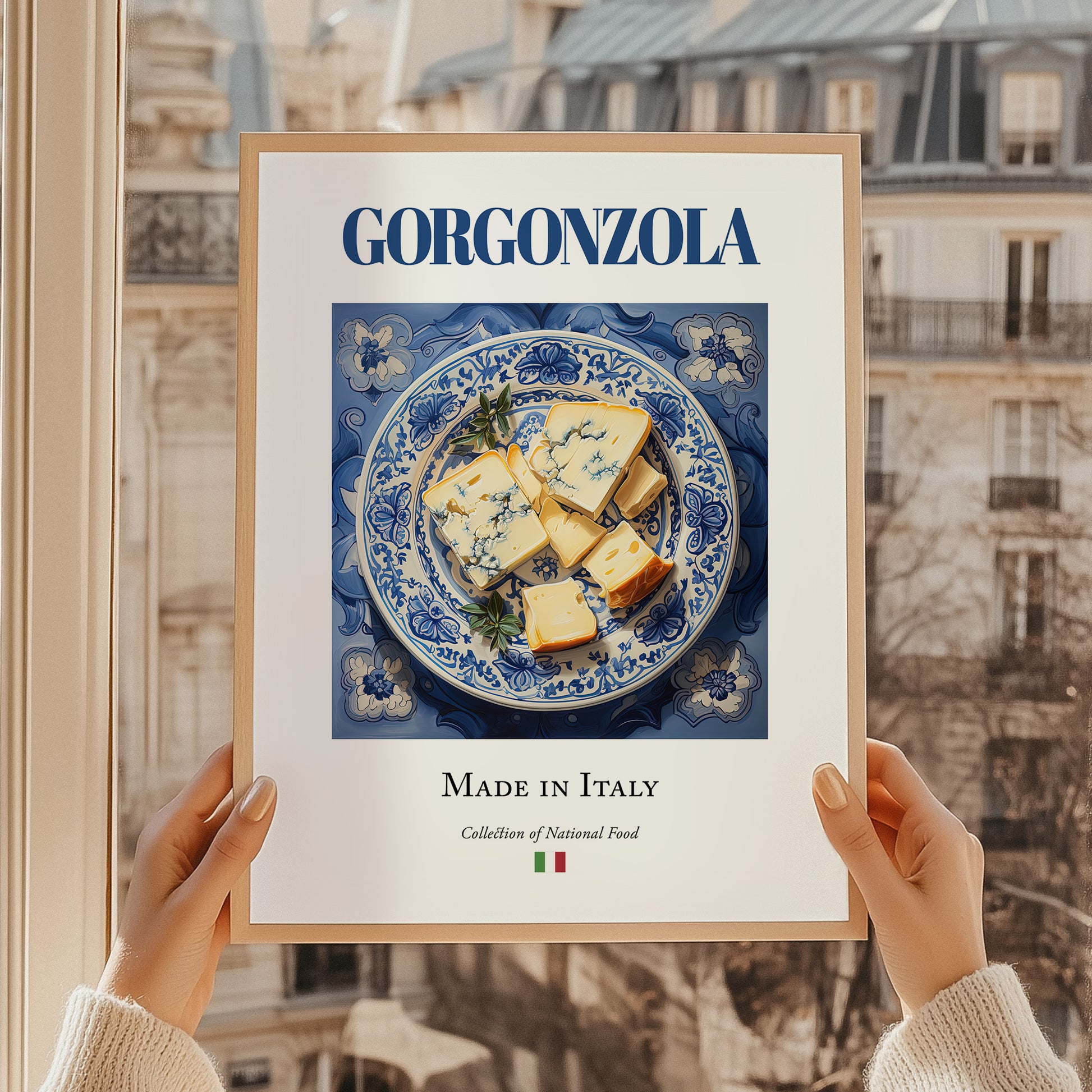 Gorgonzola – Italian Cheese Dish, Farmhouse Kitchen Print, styled in a charming Paris street view