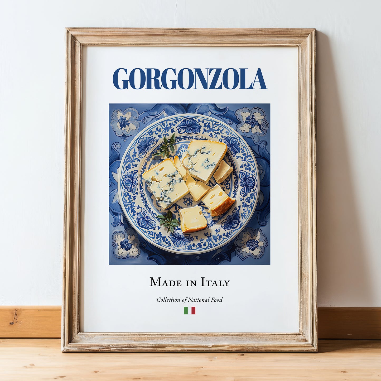 Gorgonzola – Italian Cheese Dish, Farmhouse Kitchen Print, in wooden frame leaning on the floor